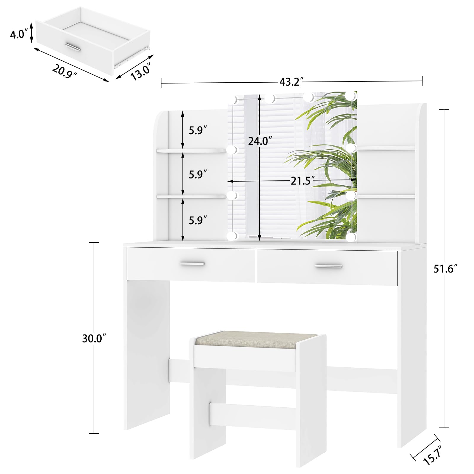 USIKEY White Makeup Vanity Set with LED Mirror & 10 Lights, 2 Drawers & Open Shelves - Dressing Table with Cushioned Stool for Bedroom, Bathroom & Beauty Salon | Perfect for Makeup Application & Skincare Routine