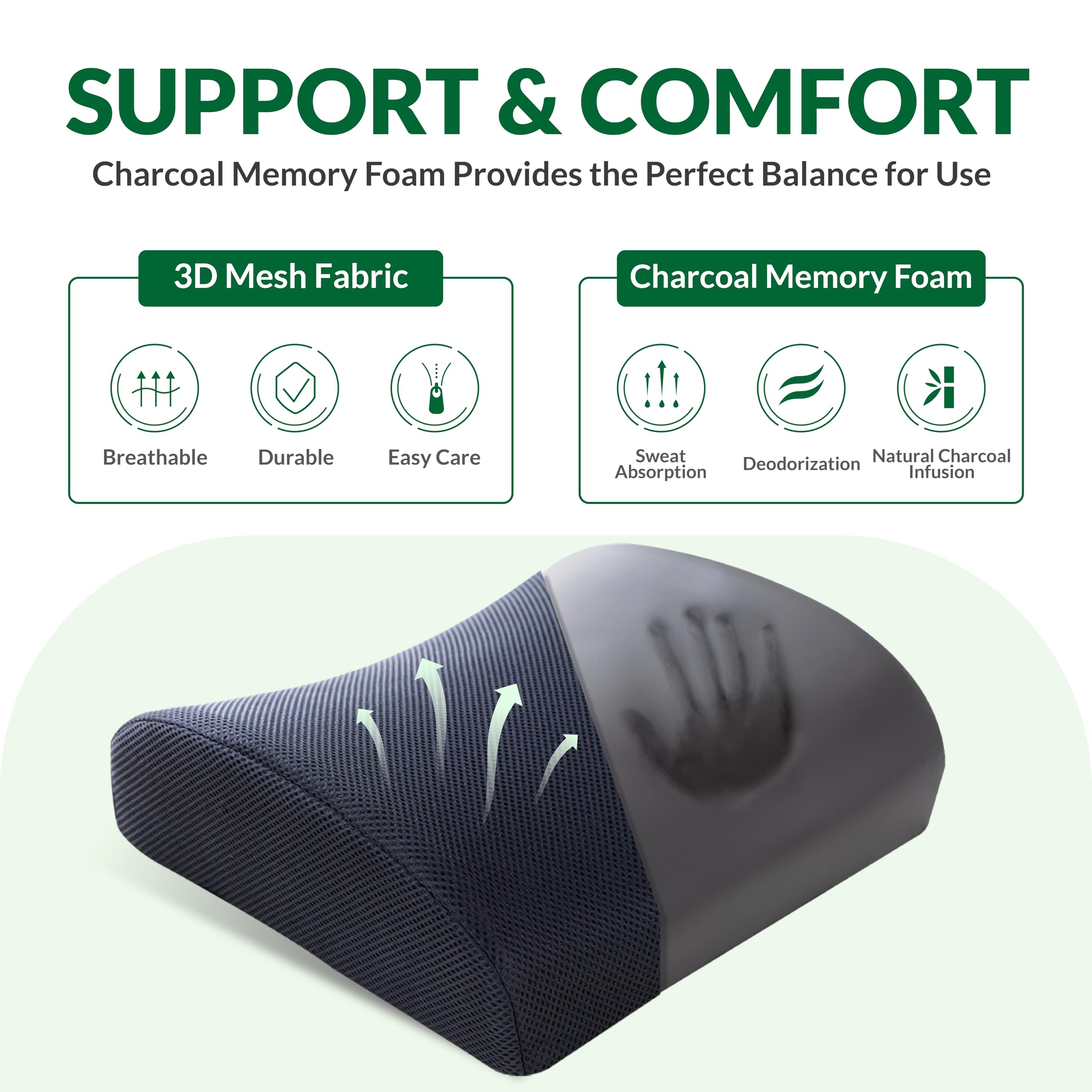 Memory Foam Lumbar Support Pillow for Office Chair & Car Seat - Adjustable Back Cushion for Back Pain Relief, Charcoal Grey | Perfect for Long Work Hours & Road Trips