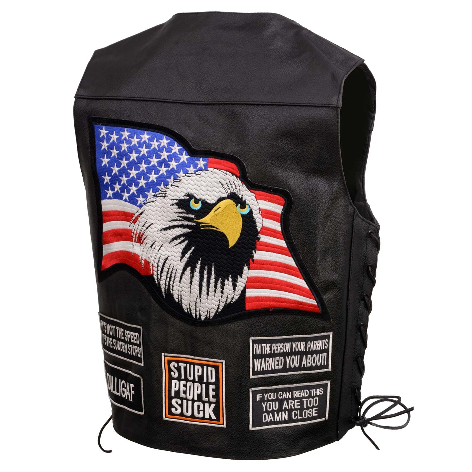 Men's Black Motorcycle Leather Vest w/Patches - Riding Club Gear for Bikers