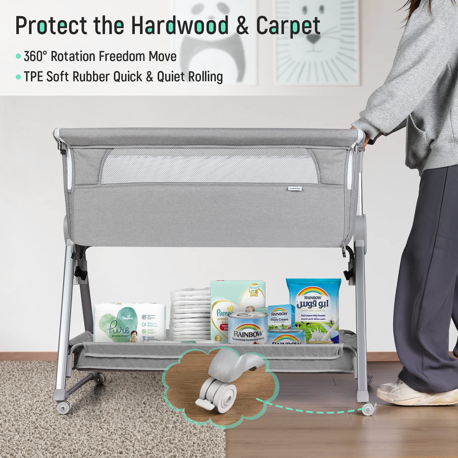 Cowiewie Adjustable Baby Bassinet Bedside Sleeper - 7 Height Levels, Breathable Mesh Sides & Mattress, XL Storage, Foldable Crib (Pyramid Light Gray) - Perfect for Newborns, Nursery & Co-Sleeping
