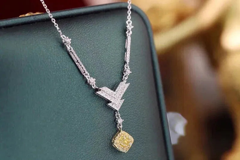 18K White Gold Y-Shaped Diamond Pendant Necklace for Women - Elegant Real Natural Yellow Diamond Jewelry Gift for Anniversary, Birthday & Special Occasions