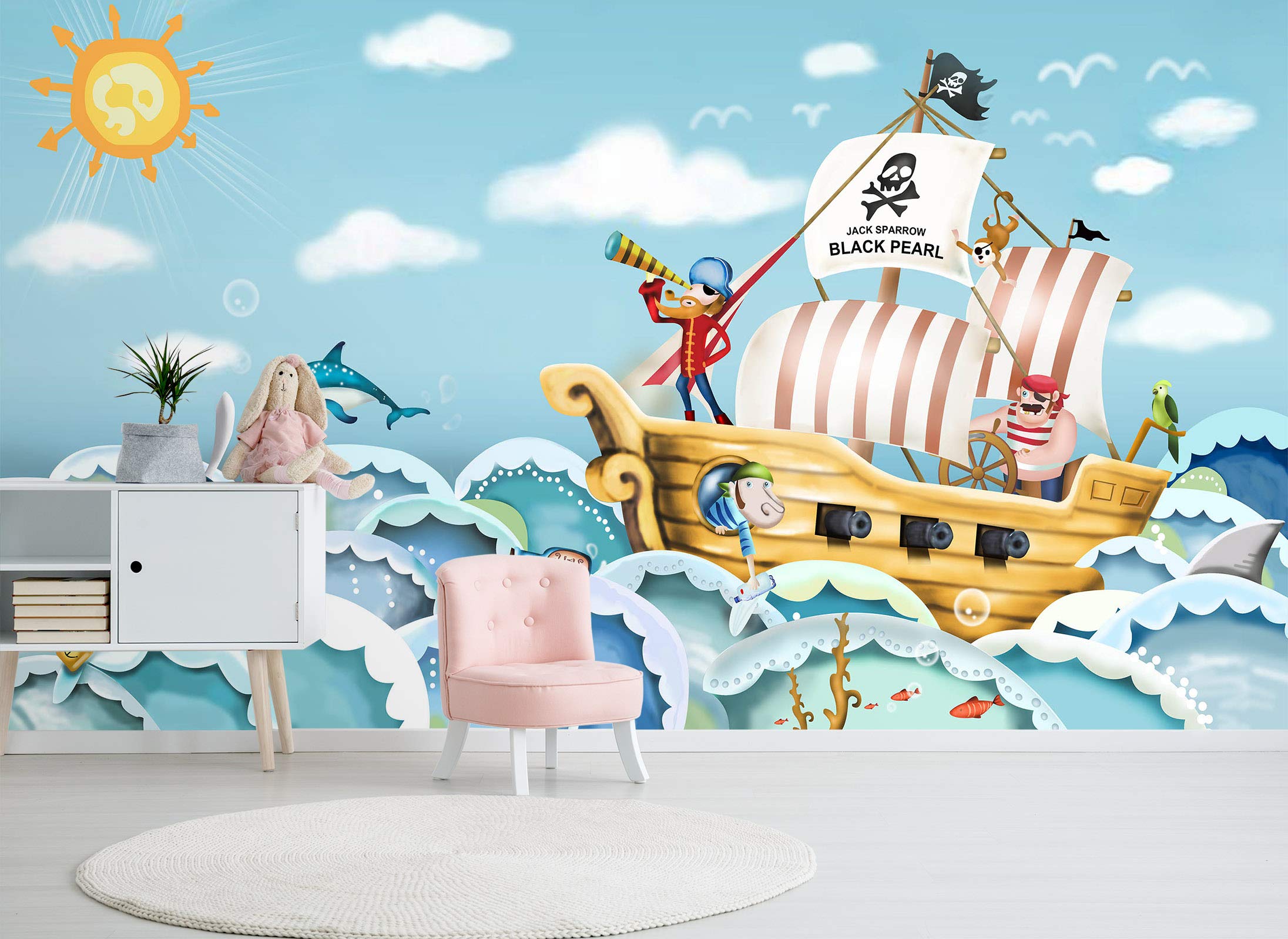 3D Cartoon Pirate Ship Wallpaper Mural - 1721 Self-Adhesive Vinyl Decal (123