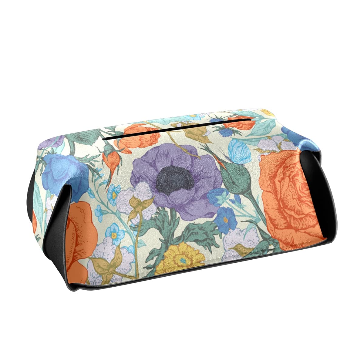 PU Leather Rectangle Tissue Box Holder with Hanging Loop - Floral Butterfly Design for Countertop & Nightstand | Decorative Facial Tissue Dispenser for Bathroom, Living Room & Bedroom