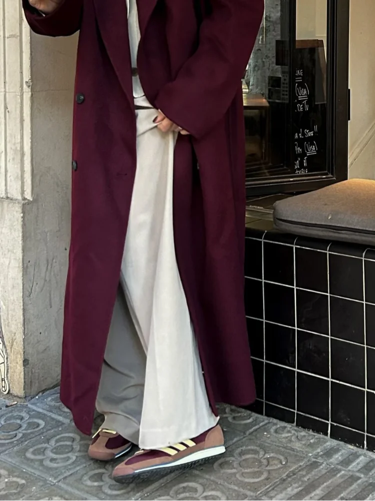 Stylish Burgundy Red Double Breasted Oversized Overcoat for Women - Casual Lapel Pockets Long Sleeve Coat - High Street Fashion for Work, Dating & Fall/Winter Outfits