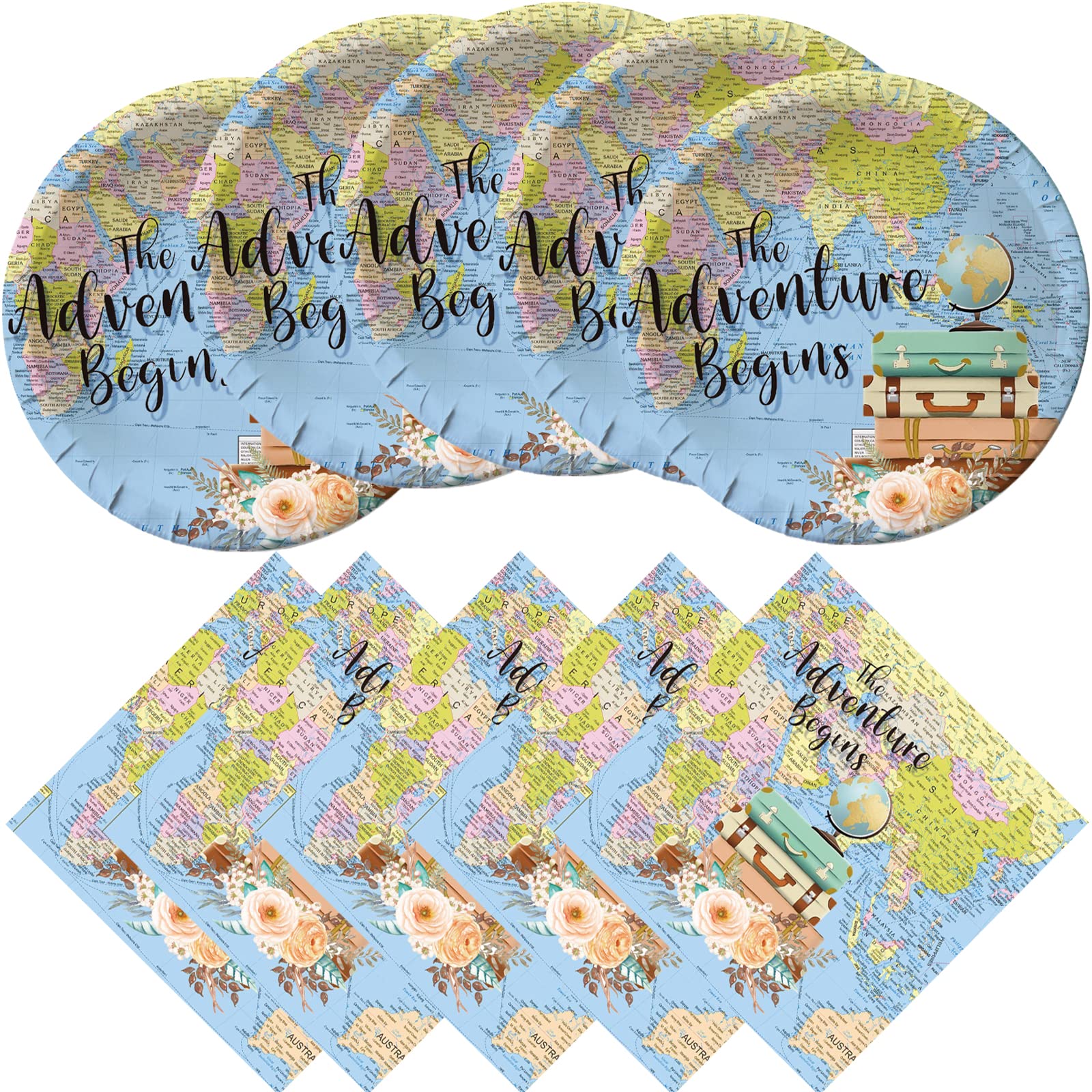 Adventure World Awaits Party Supplies Set - 20 Paper Plates & 20 Napkins for Kids Birthday, Baby Shower & Outdoor Themed Decorations - Perfect for Camping, Jungle or Safari Party Decor