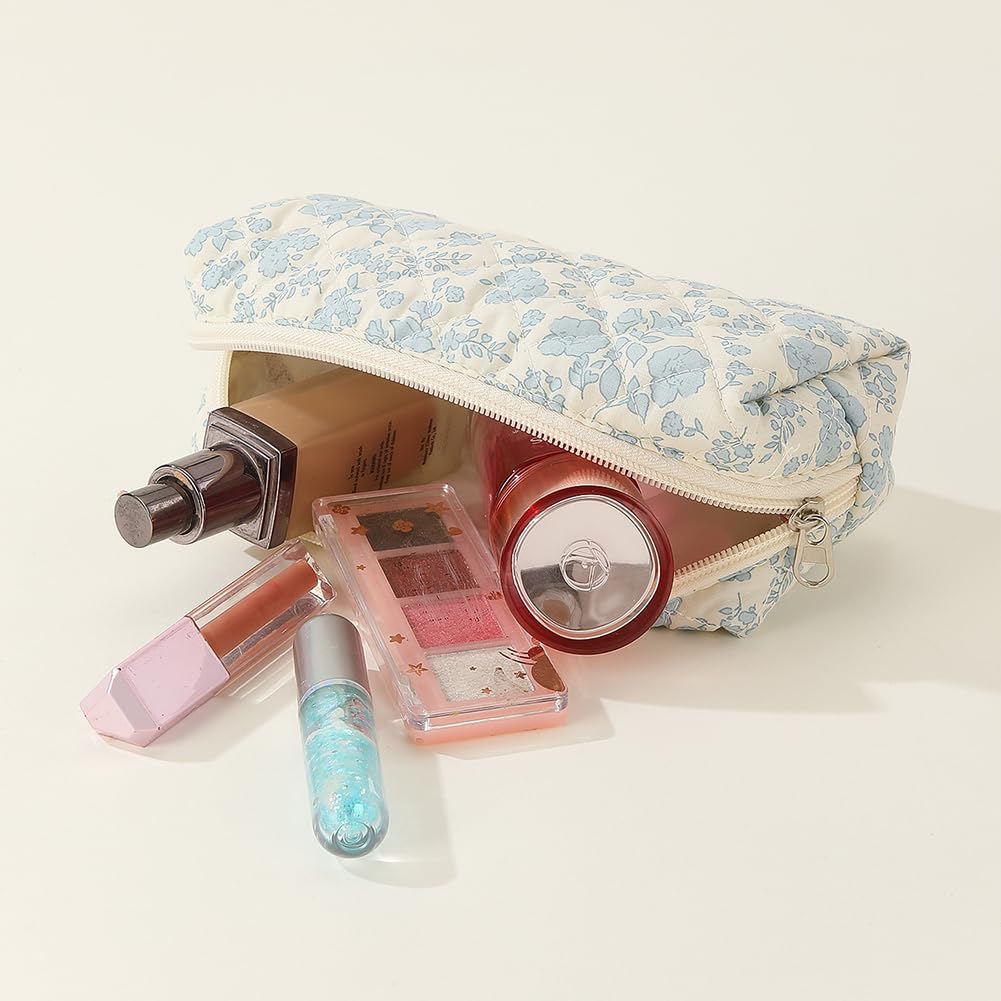 JQWSVE Floral Coquette Makeup Bag - Large Cotton Quilted Cosmetic Pouch for Travel, Toiletries & Essentials | Aesthetic Cute Design for Women & Teens | Perfect for Vacation, Gym, Daily Use & Gift Giving