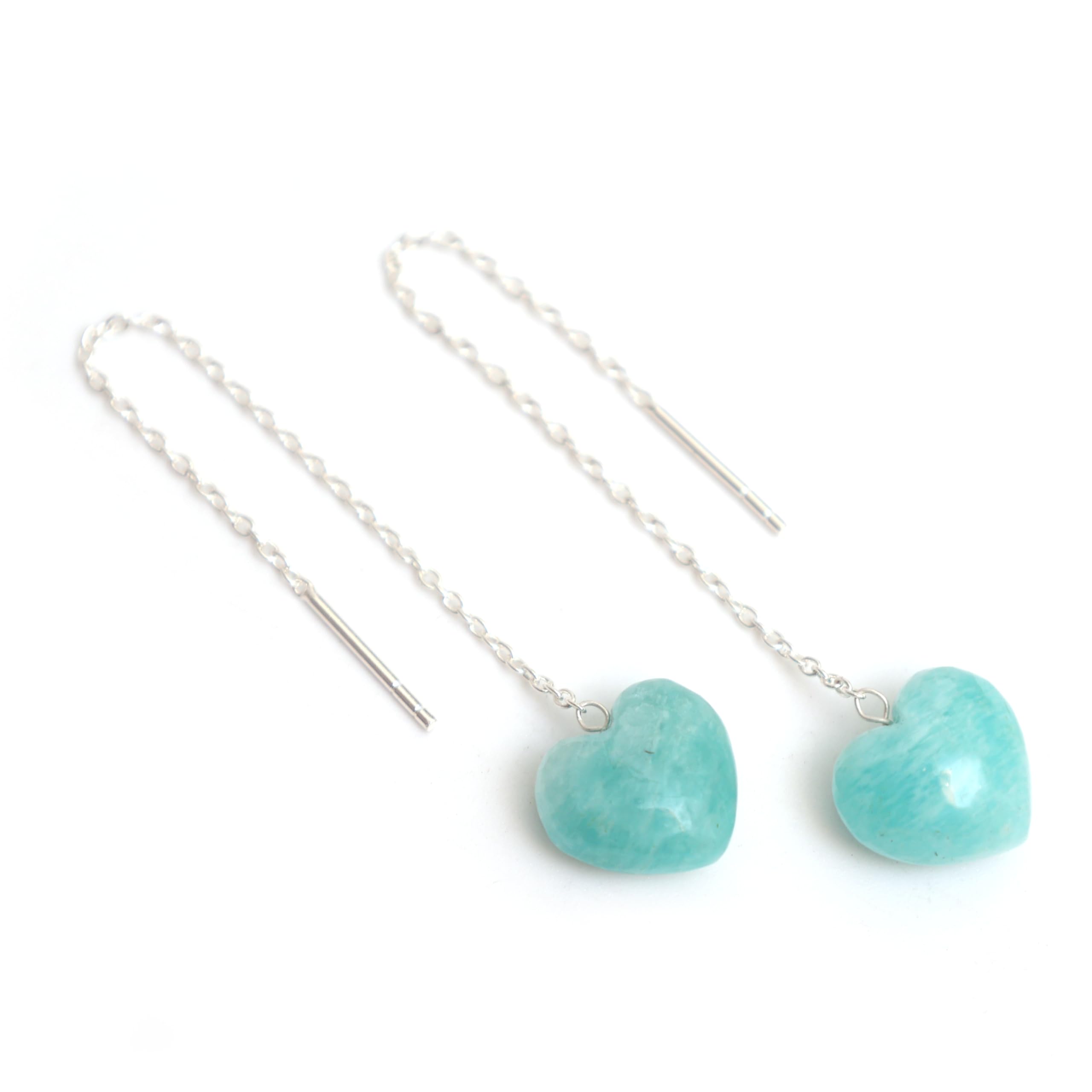 Amazonite Heart Threader Drop Earrings for Women - 925 Sterling Silver Dangle Long Chain Lightweight Gemstone Jewelry - Perfect for Daily Wear, Office & Special Occasions