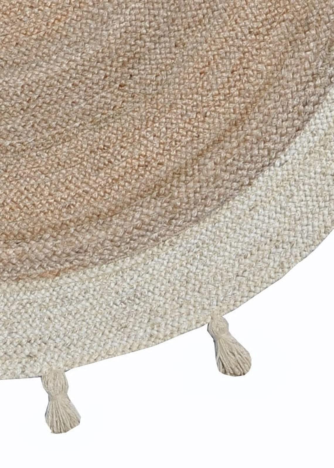 Handmade Bohemian Reversible Cotton Yoga Mat - Indian Chindi Jute Bath Rug with Frills (10x10) - Beige Round Braided for Yoga, Meditation & Boho Home Decor