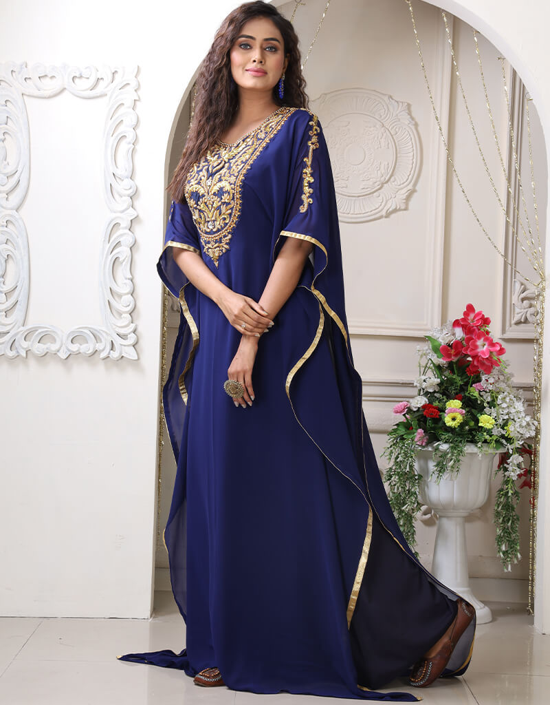 Exquisite Arabic Dark Blue Georgette Farasha with Stone Embroidery - Perfect for Weddings, Parties & Special Occasions