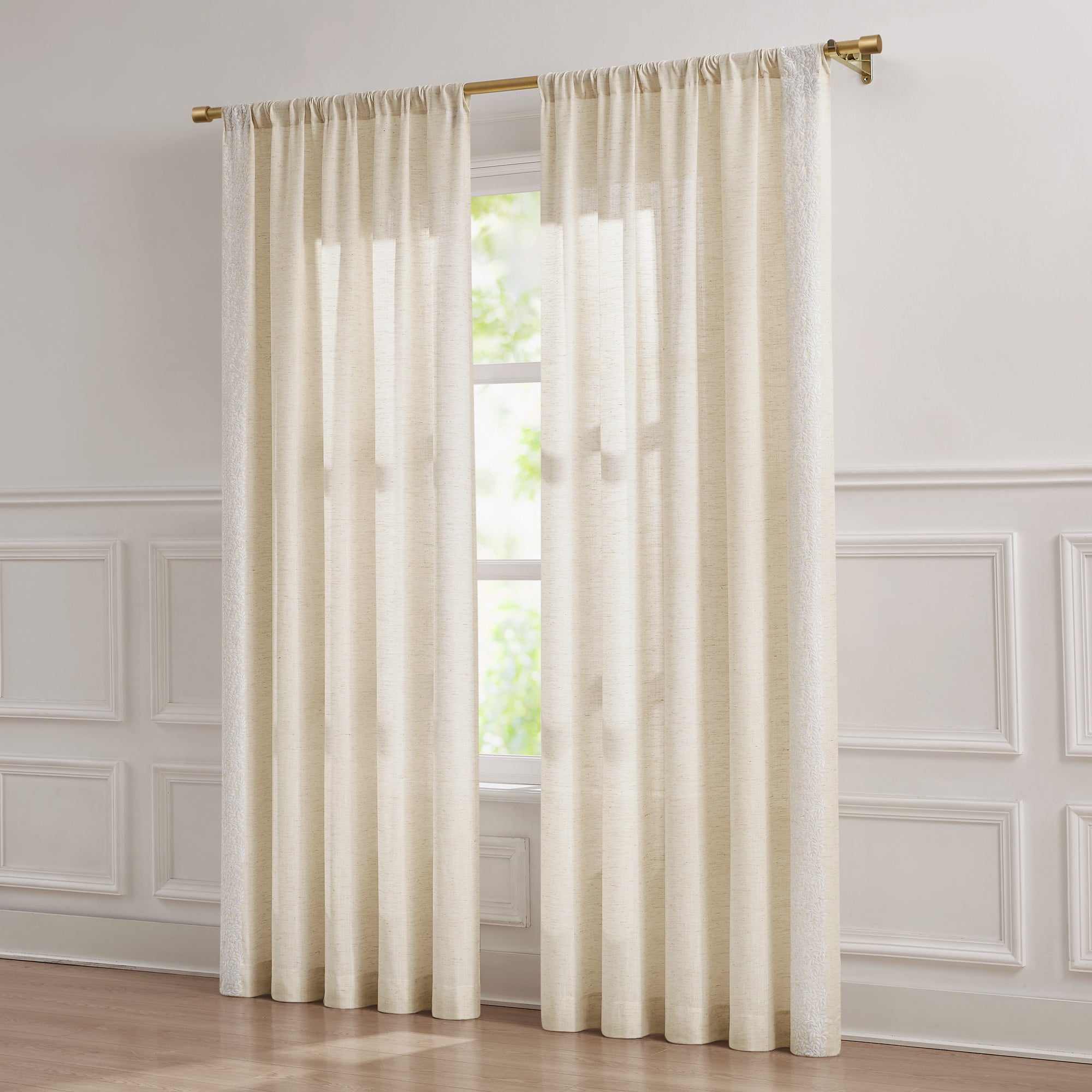 Emily Leaves Embroidered Window Curtain Panels - Elegant Floral Sheer Drapes for Living Room, Bedroom & Nursery - Light Filtering Privacy Curtains with Leaf Pattern Design