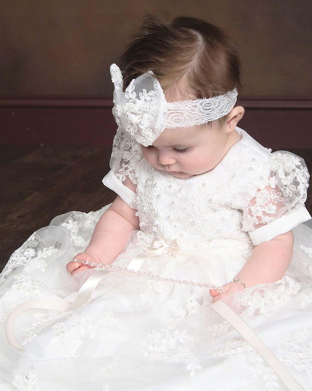 Lace Christening Baptism Dress for Baby Girls - Elegant Long Sleeve Baptism Gown with Headband - Perfect for Christening, Baptism, First Communion & Special Occasions