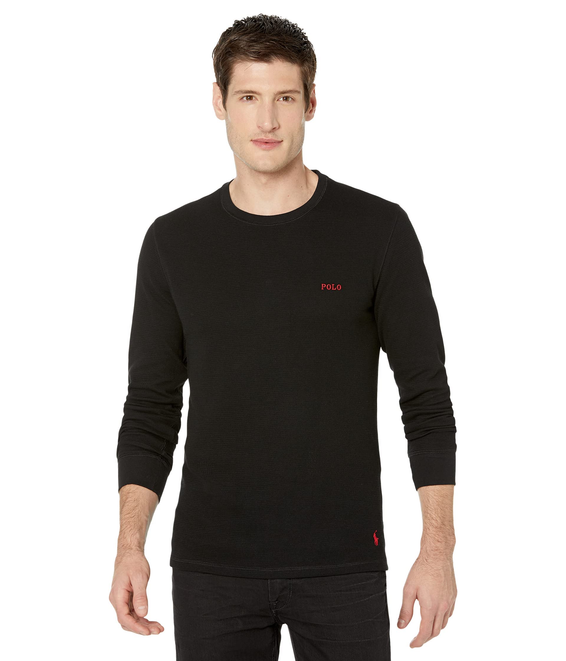 Ralph Lauren Men's Waffle-Knit Long Sleeve Polo Shirt with Embroidered Logo - Black & Red RL2000 Collection | Casual Wear, Office Attire, Golf Outfits