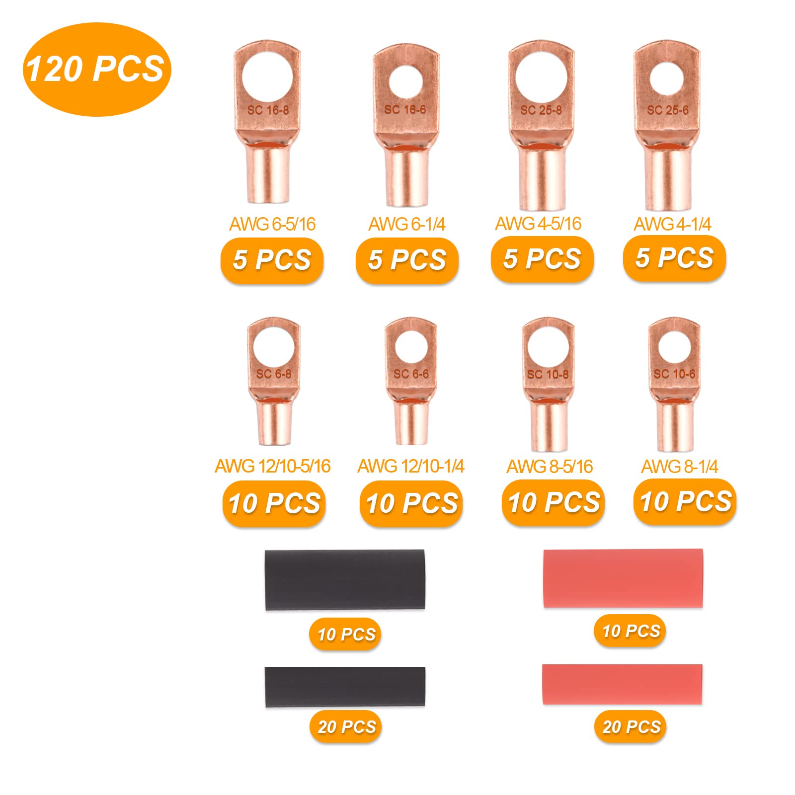 120pcs Copper Wire Terminal Connectors Kit - 4/6/8/10/12AWG Heavy Duty Wire Lugs with Heat Shrink Tubing for Battery, Electrical & Automotive Wiring - Perfect for DIY, Marine, Solar & Home Electrical Projects