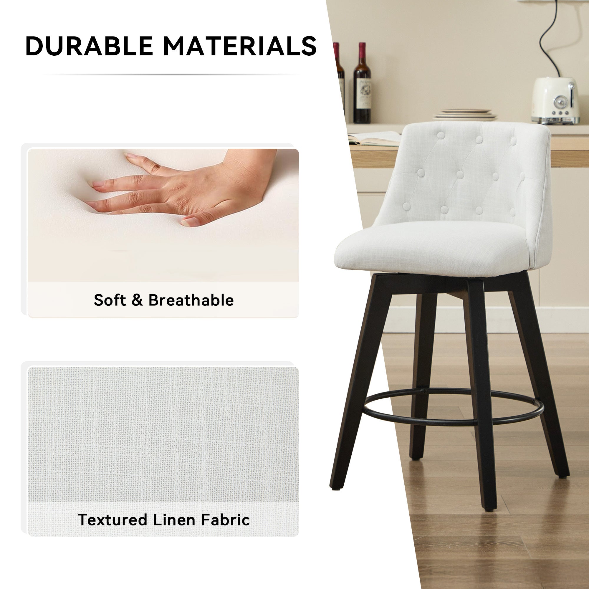 Modern 25' Swivel Bar Stools Set of 2 - Counter Height Stools with Linen Upholstery & Button Tufted Back, Solid Wood Frame for Kitchen Island, Home Bar or Breakfast Nook - Perfect for Entertaining Guests or Casual Dining