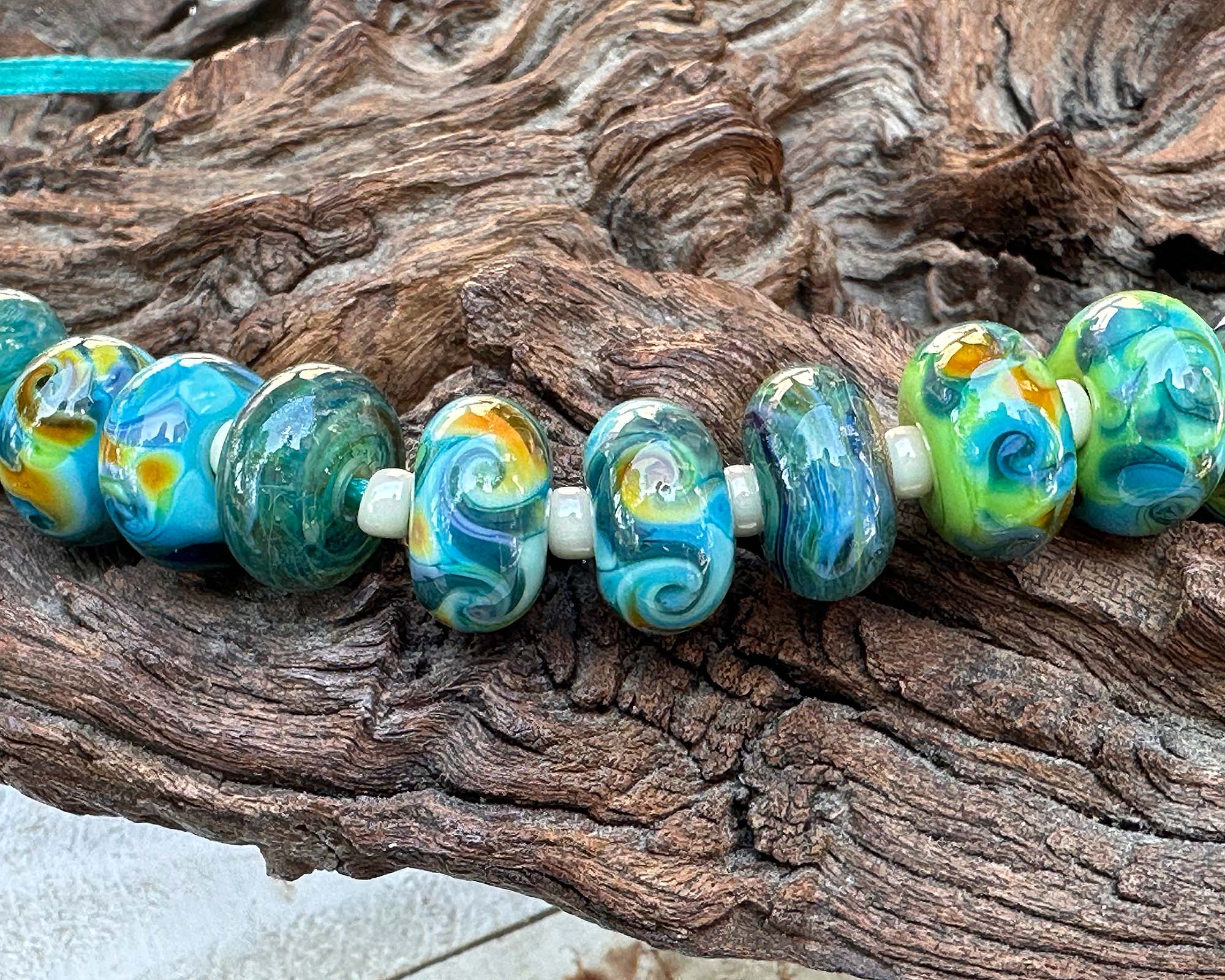 Handmade Teal Green Swirls Lampwork Glass Beads Set - 50pcs for Jewelry Making, DIY Crafts, Bracelets & Necklaces - Perfect for Beaders and Artisans