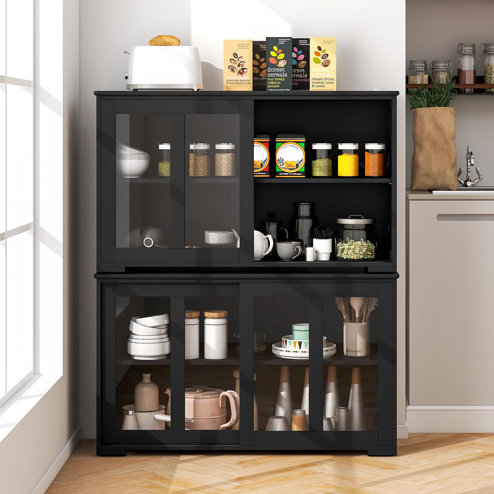 Costzon 2-Door Wooden Sideboard Buffet Cabinet with Adjustable Shelf & Sliding Glass Doors - Kitchen Storage, Coffee Bar Console Table for Living Room, Dining Room, Hallway - Perfect for Home Decor & Entertaining Guests