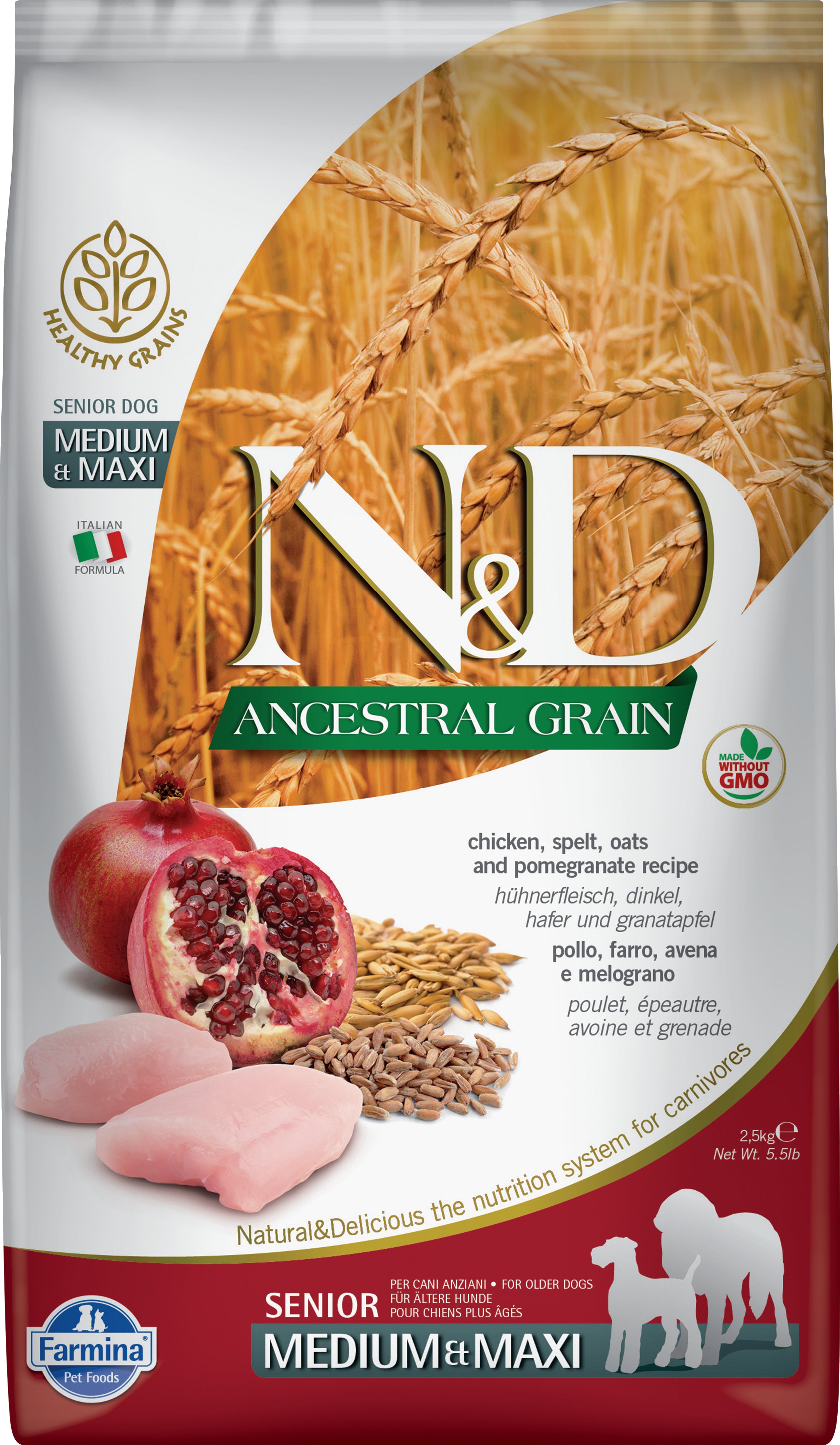 Farmina N&D Ancestral Grain Dry Dog Food - Chicken & Pomegranate Recipe for Senior Medium/Large Breeds | High Protein, Grain-Inclusive Nutrition for Aging Dogs | Perfect for Daily Meals & Joint Health Support