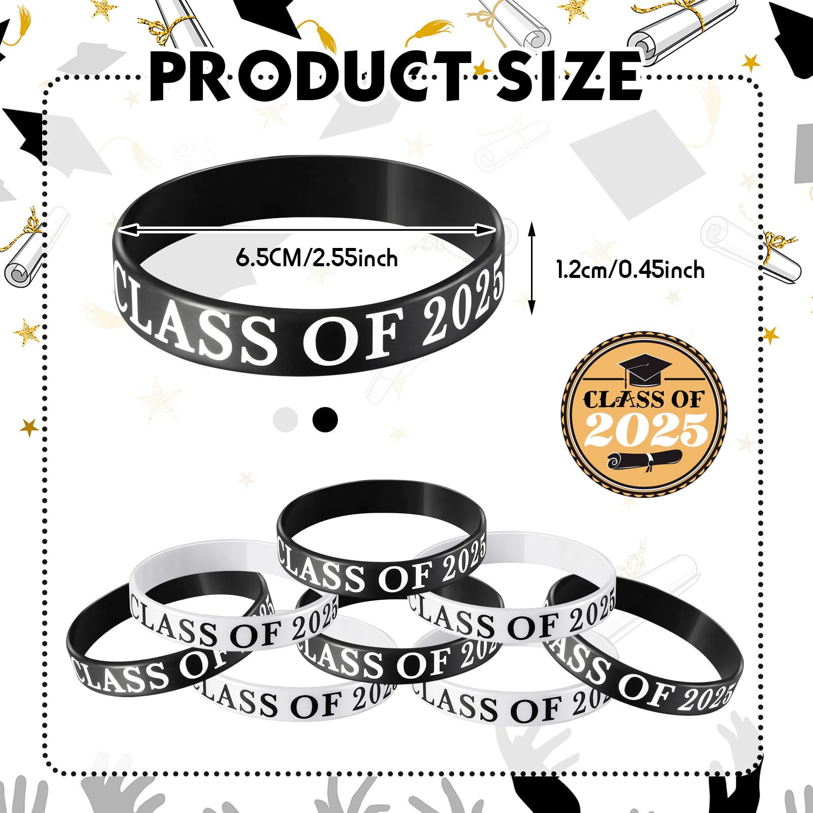 Poen 100 Pcs Class of 2025 Graduation Bracelets - Bulk Silicone Wristbands for High School & College Grad Celebrations - Commencement Party Favors Supplies (Black & White) - Perfect for Graduation Ceremonies, Senior Week & Alumni Events