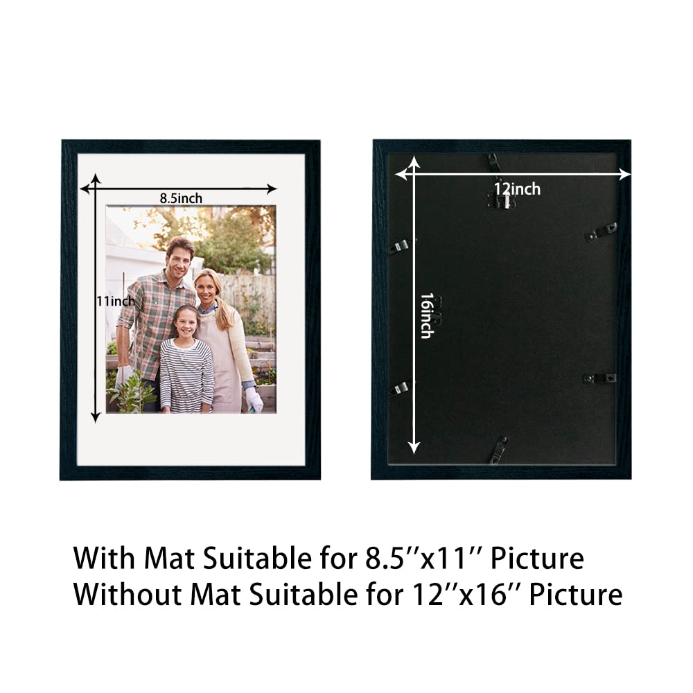 12x16 Black Solid Wood Picture Frame - Display 8.5x11 with Mat or 12x16 Without Mat - Clear Plexiglass Photo Frame for Wall or Tabletop - Perfect for Home Decor, Office Art Display & Gift Giving