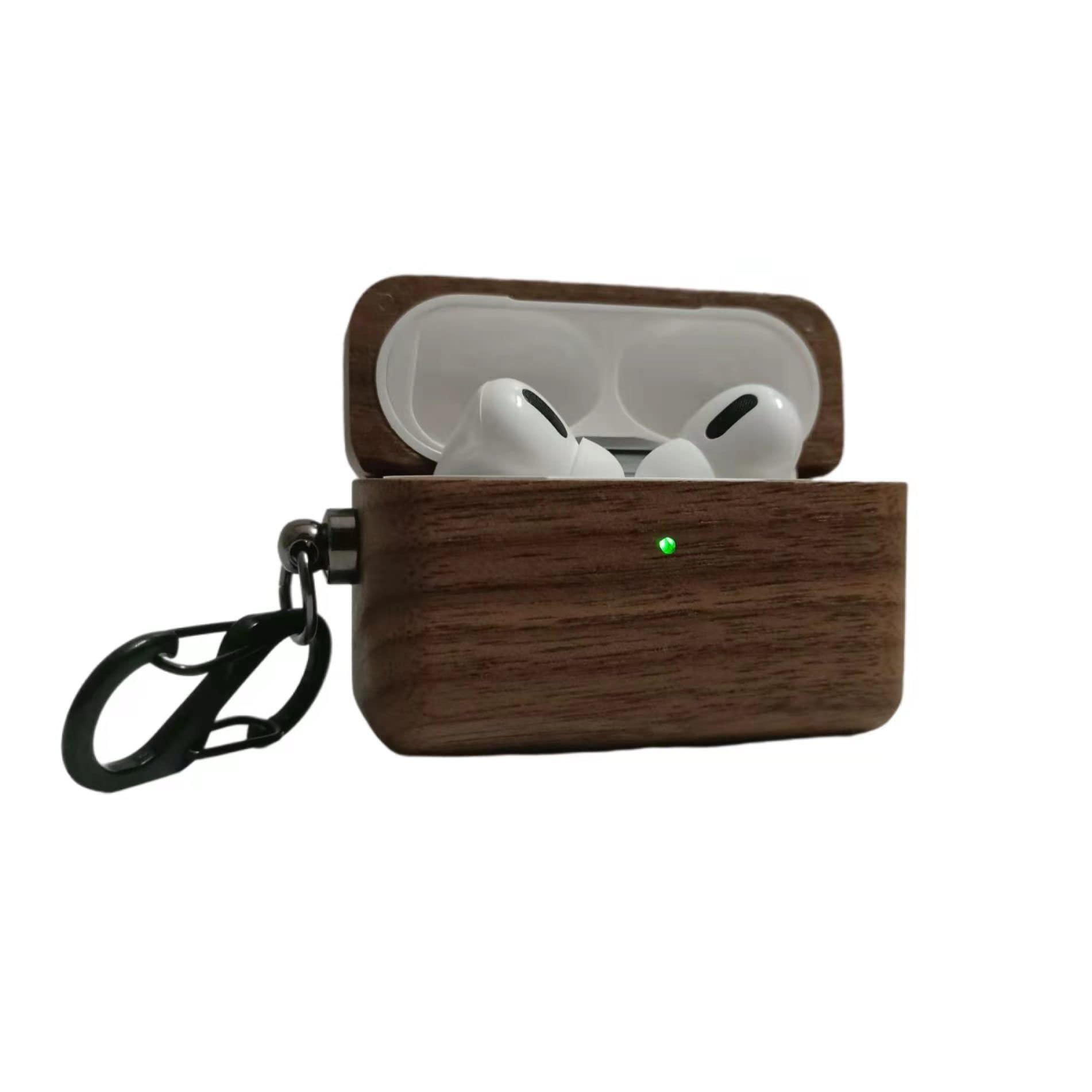 Wood AirPods Case for AirPods Pro - Walnut Protective Cover with Carabiner for Outdoor Use
