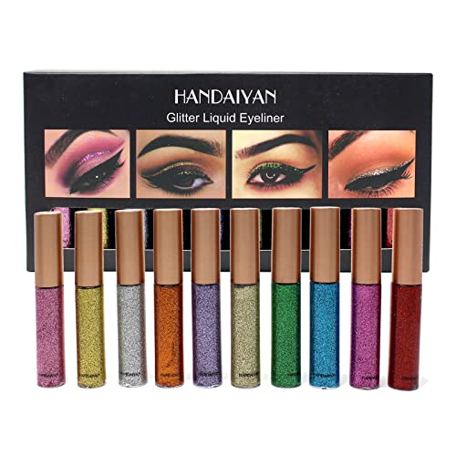 10 Colors Glitter Liquid Eyeliner & Eyeshadow Set - Waterproof, Long Lasting Pearl Shimmer Makeup for Stage, Wedding, Music Festival & Party (Multicolor) - Perfect for Night Out, Cosplay & Special Occasions
