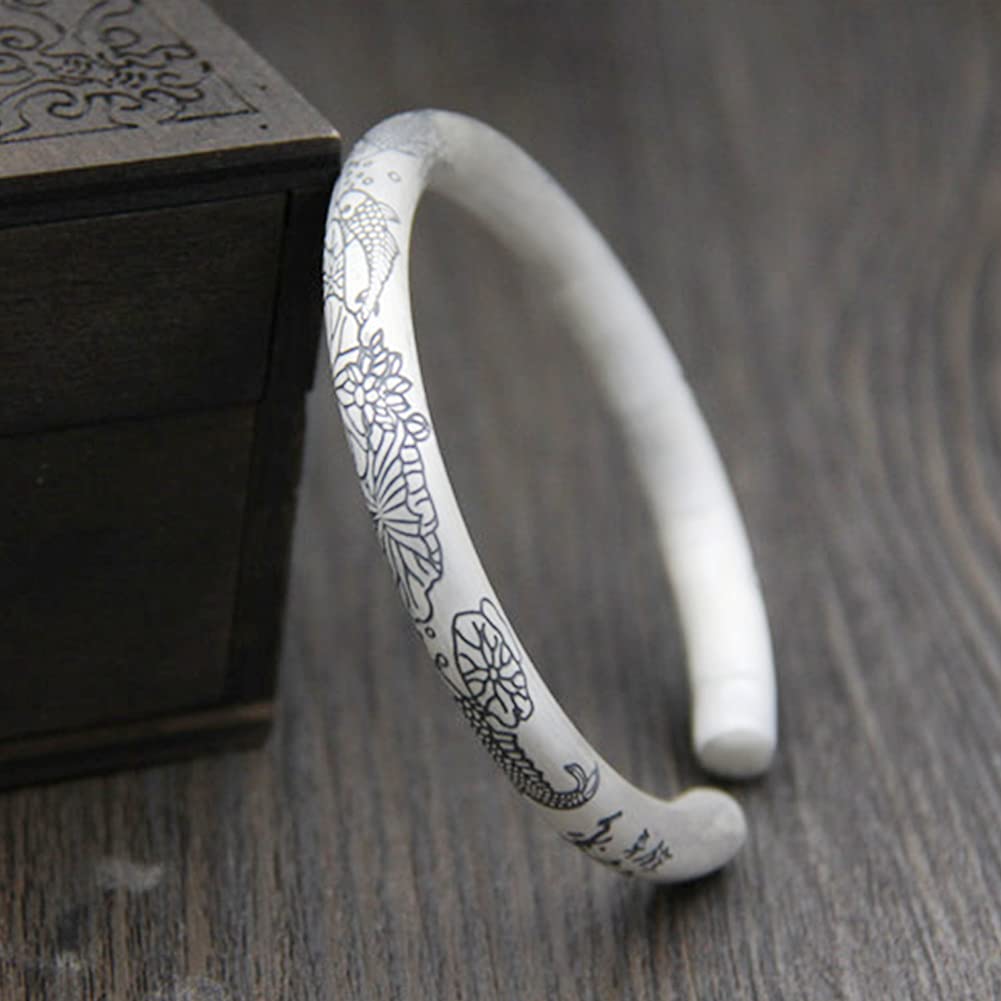Vintage Adjustable 999 Sterling Silver Cuff Bangle Bracelet - Fish & Lotus Ethnic Design, 25G Heavy Handmade Jewelry for Men & Women | Perfect for Boho Fashion, Gift Giving & Special Occasions