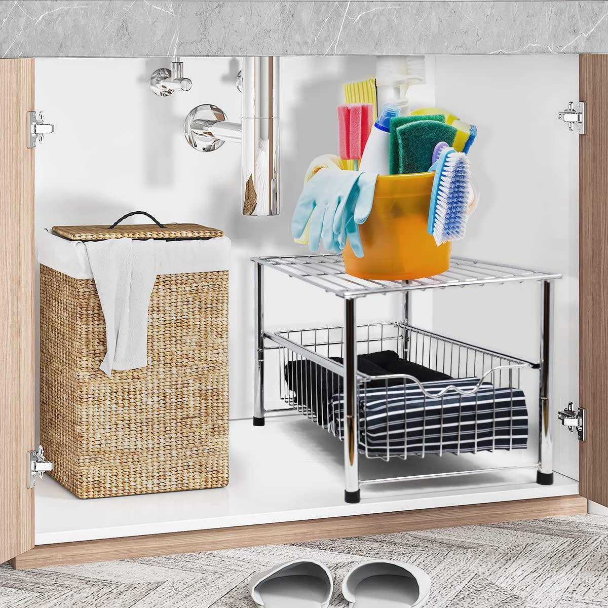 Joeji's Under Sink Organizer - Multi-Purpose Kitchen Cabinet Storage Basket, Iron Chrome Drawer Organizer for Bathroom & Kitchen (Perfect for Sponges, Soaps & Cleaning Supplies)
