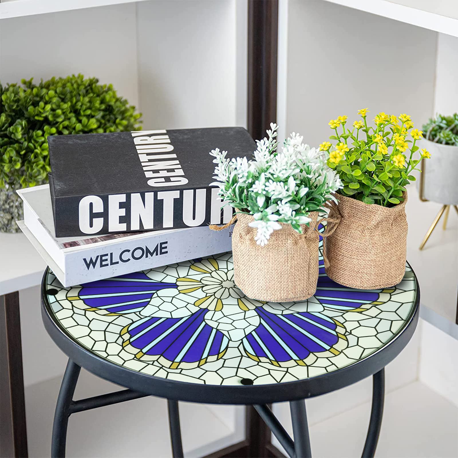 14 Inch Blue Morning Glory Glass Mosaic Outdoor Side Table - Round Patio Coffee Table for Living Room, Balcony, Garden | Perfect for Tea Time, Reading Nook & Small Space Decor