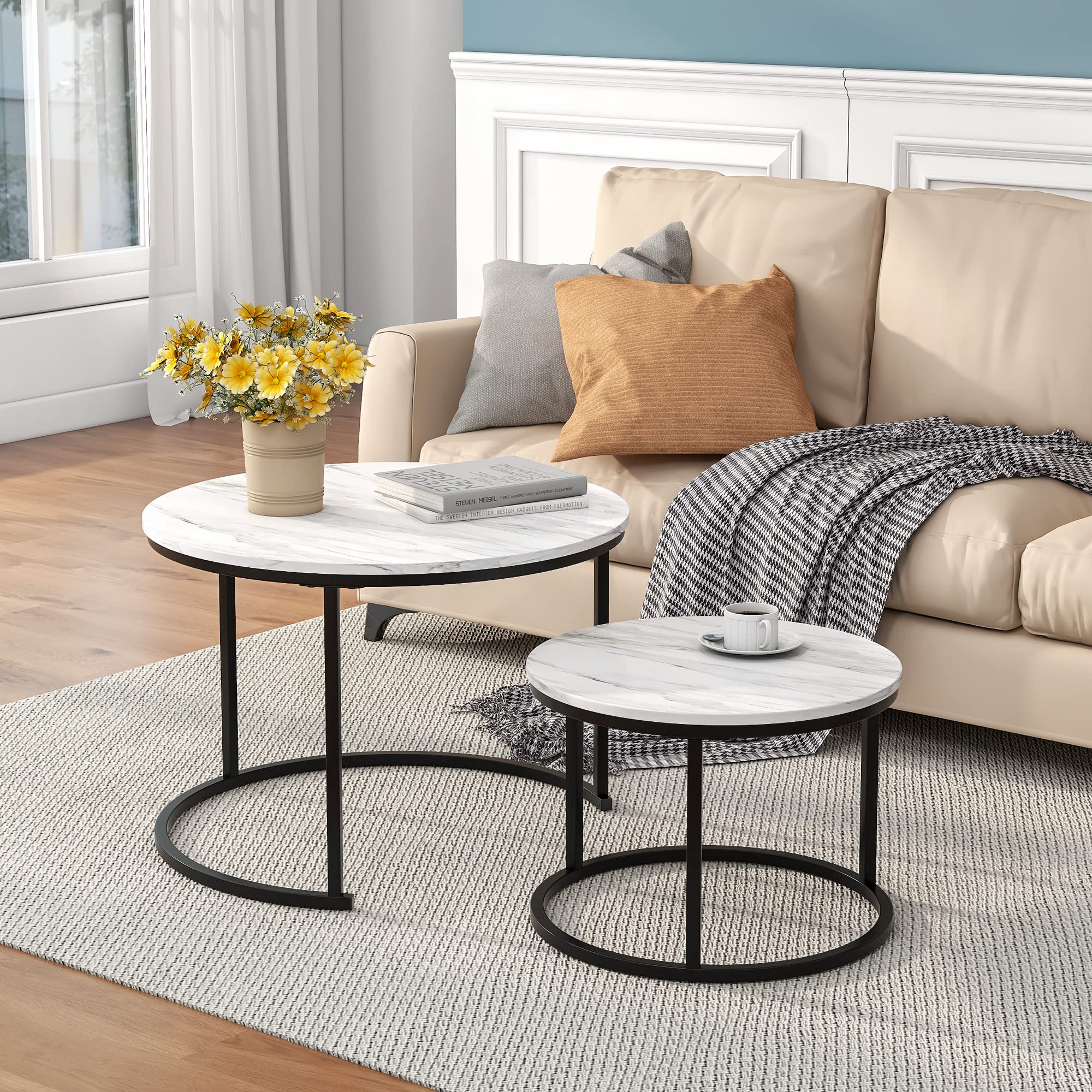 HOJINLINERO 2-Piece Round Nesting Coffee Table Set - Modern Circular Marble Top & Wooden Accent Side Tables with Metal Frame for Living Room - Space-Saving Stacking End Tables in Black | Perfect for Small Spaces, Apartment Decor & Contemporary Home Furnishings