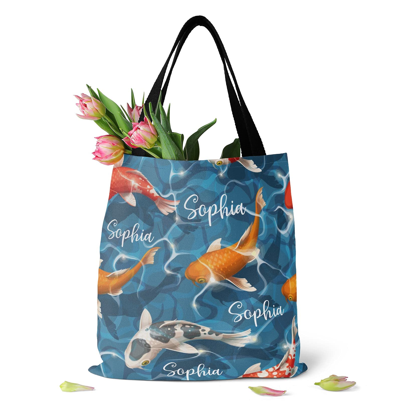 Custom Personalized Name Tote Bag - Cute Marine Animals Cartoon Shark & Fish Print Canvas Reusable Shopping Bag - Eco-Friendly Travel Shoulder Handbag for Beach, Grocery & Daily Use