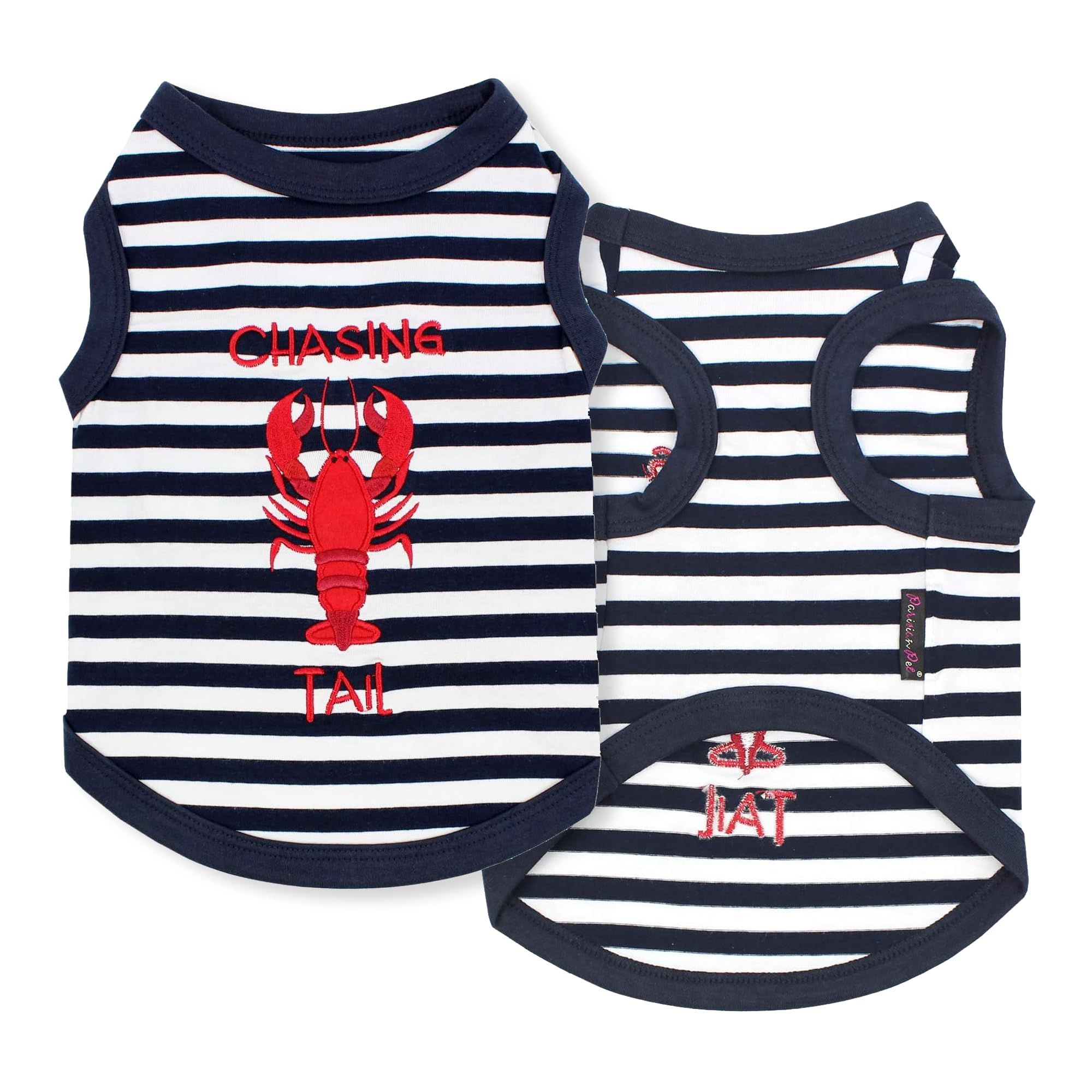 Parisian Pet Dog T-Shirt - Embroidered 'Chasing Lobster Tail' Sleeveless Dog Tank Top - Breathable & Lightweight Summer Dog Tee for Small Breeds (XS) - Machine Washable Pet Shirt for Daily Walks & Outdoor Adventures