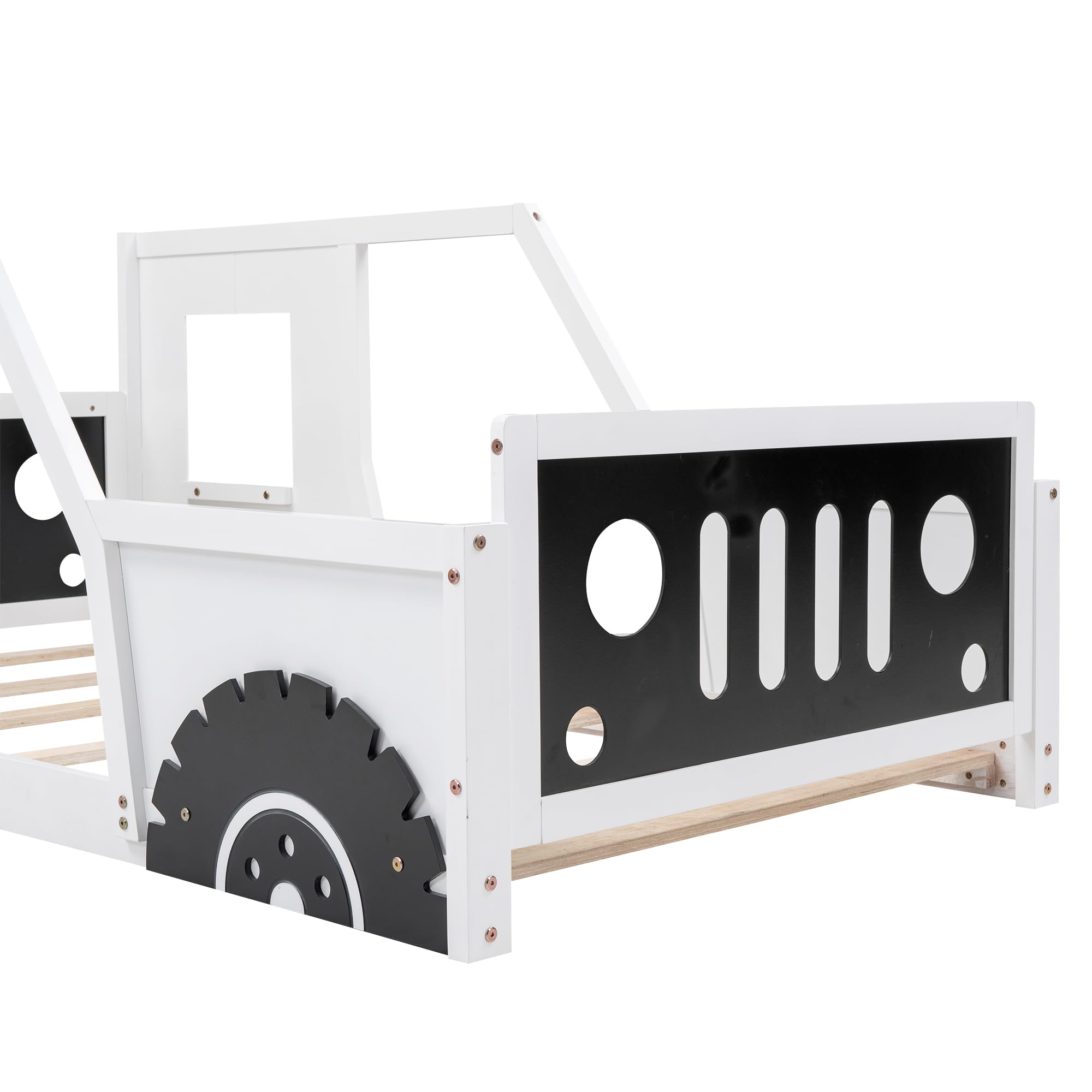 **MERITLINE Twin Size Kids Floor Car Bed - Wooden Platform Bed Frame with Doors, Wheels & Slat Support - No Box Spring Needed - Perfect for Boys & Girls Bedrooms, Playrooms & Themed Kids Rooms - White**