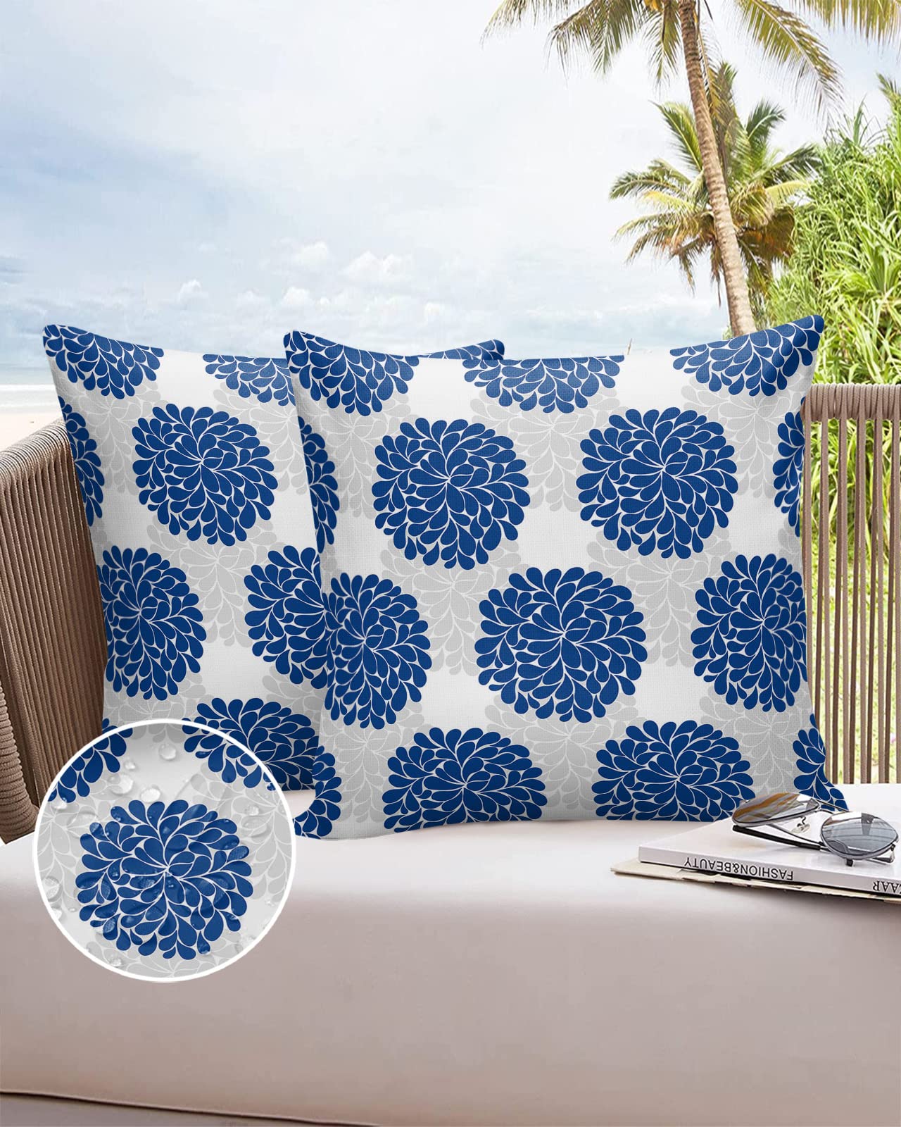 Waterproof Outdoor Throw Pillow Covers Set of 2 - 24x24 Inch Blue Grey Hydrangea Floral Lumbar Pillowcases for Patio Furniture, Couch, Garden Decor | Weather-Resistant & UV Protected for Porch, Deck, Poolside Use
