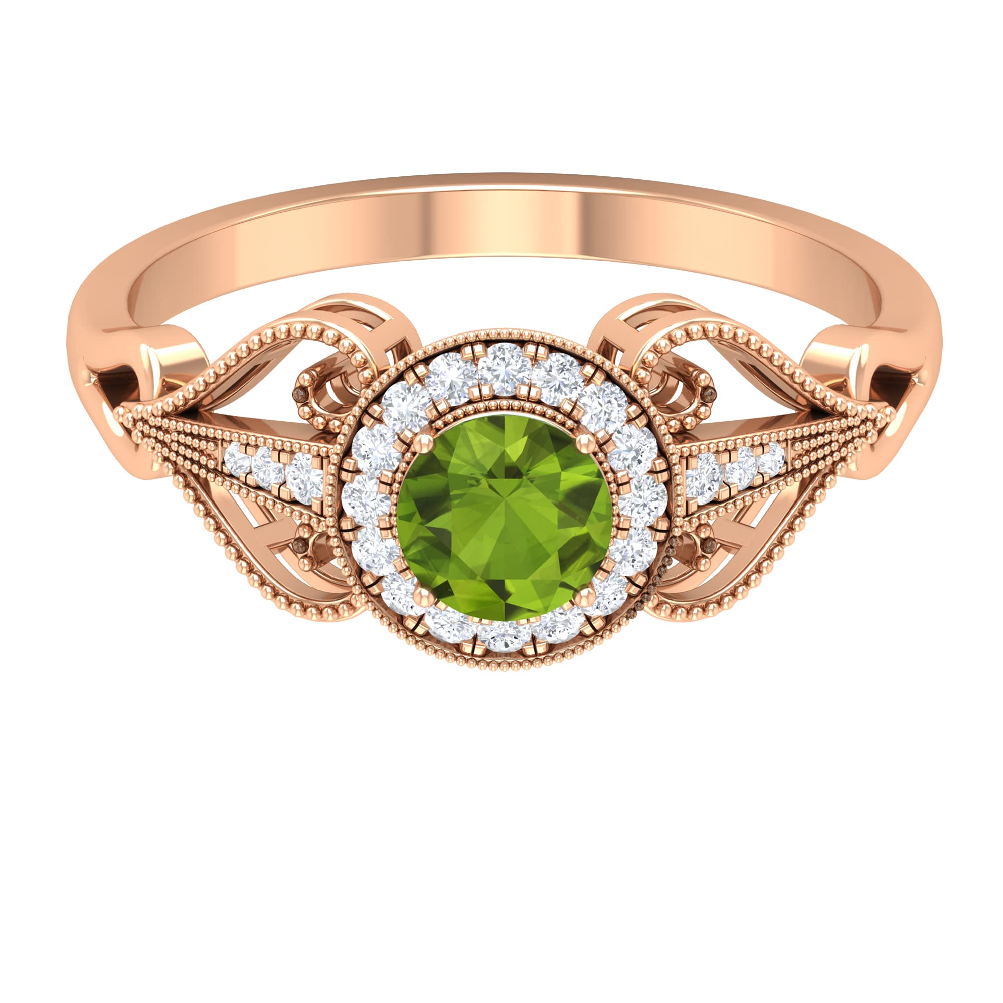 3/4 CT Peridot and Diamond Accent 14K Gold Engagement Ring for Women - Elegant Beaded Design, Perfect for Proposals, Anniversaries, and Special Occasions