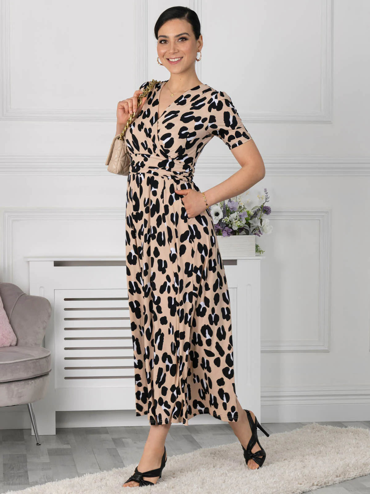 Kiera Wrap Front Maxi Dress in Camel Animal Print - Flowy Boho Summer Dress for Beach Vacation, Date Night & Casual Outings