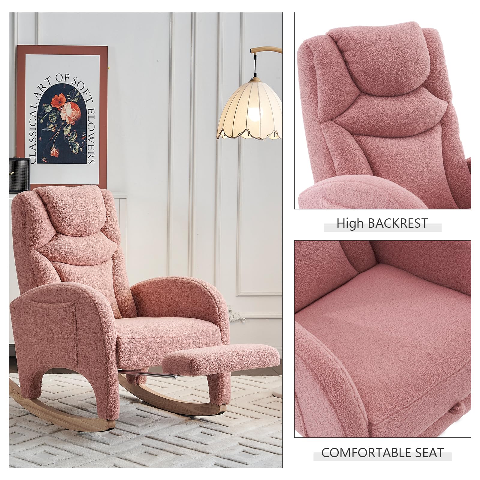 Hommoo Modern Teddy Fabric Rocking Chair with Adjustable Footrest - High Back Nursery Glider Rocker for Mom and Baby, Pink - Perfect for Nursery, Living Room & Bedroom Relaxation