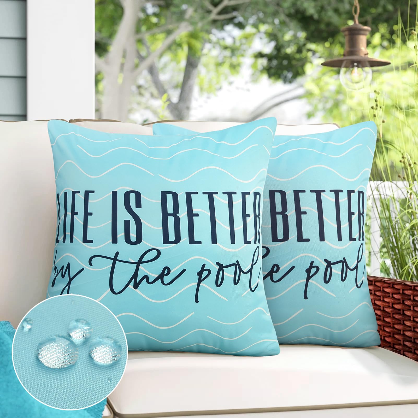 Adabana Blue Outdoor Waterproof Throw Pillow Covers 18x18 Inch (Set of 2) - Decorative Porch Pillow Cases for Patio Furniture, Garden, Poolside & Backyard Relaxation
