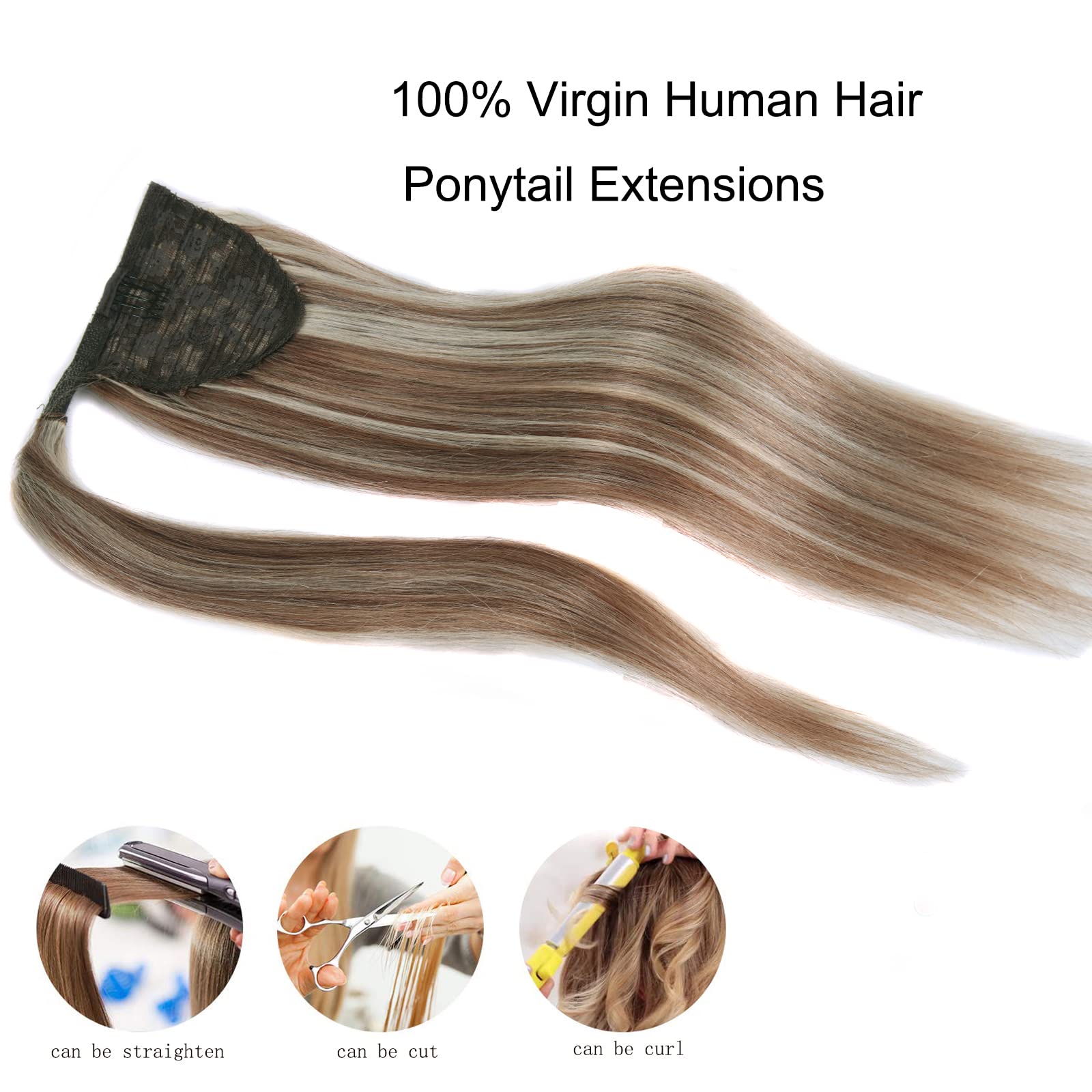 Ugrace 16 Inch Human Hair Ponytail Extension - Clip-In Remy Straight Blonde Highlight P10/613 Ponytail Hairpiece for Women | Perfect for Parties, Weddings & Everyday Styling