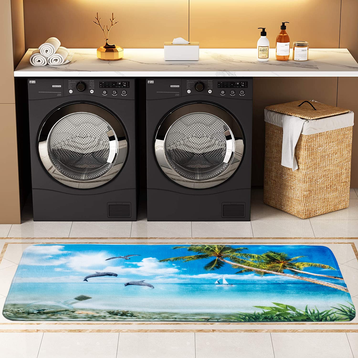 Non-Slip Bathroom Rugs & Kitchen Mats - Super Soft Absorbent Flannel Carpet with Ocean Beach Pattern (17