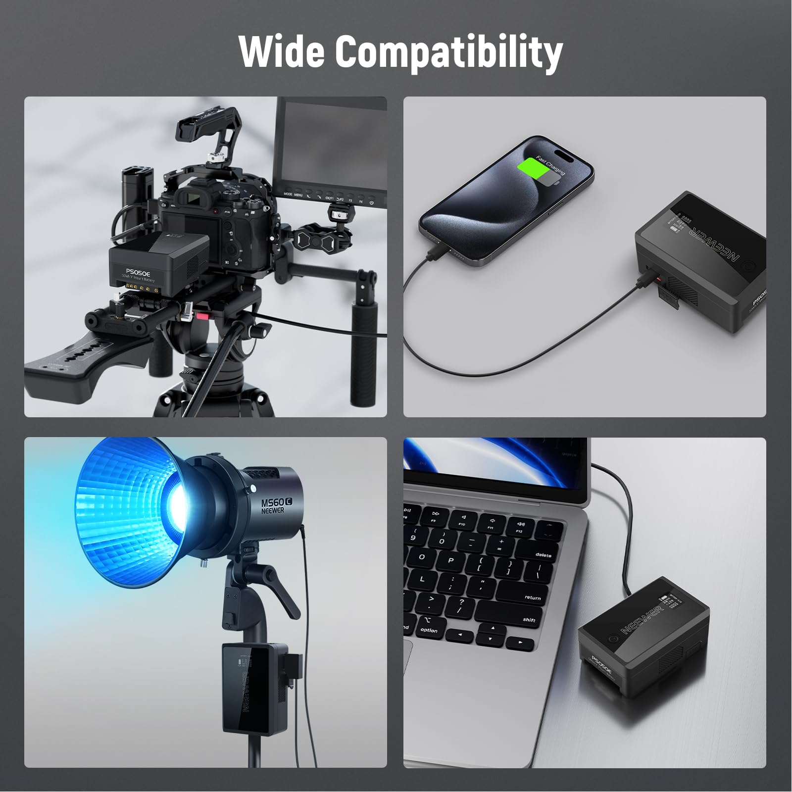 NEEWER Mini V Mount Battery 3450mAh 50Wh with D-Tap/USB-C/USB-A/BP/Dual DC Ports & OLED Screen - 14.54V V-Lock Battery for Sony/Fuji/Canon Cameras, Supports 45W PD Fast Charging - Perfect for DSLR Cameras, Monitors, Camcorders & Video Lights (Model PS050E)