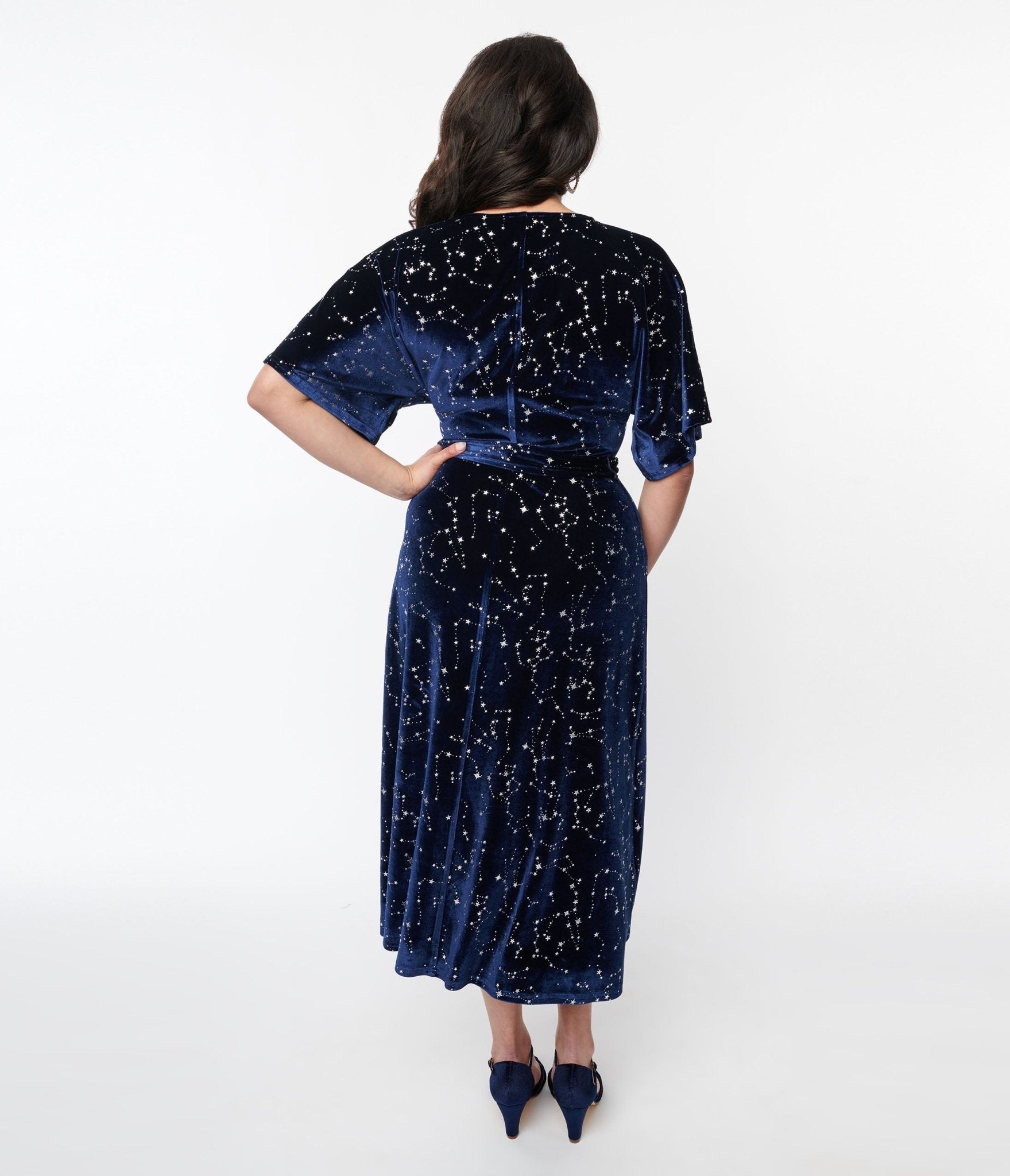 Vintage 1970s Navy Blue Velvet Wrap Dress with Silver Stars - Retro Midi Dress for Women, Perfect for Holiday Parties, Christmas Gatherings & Special Occasions
