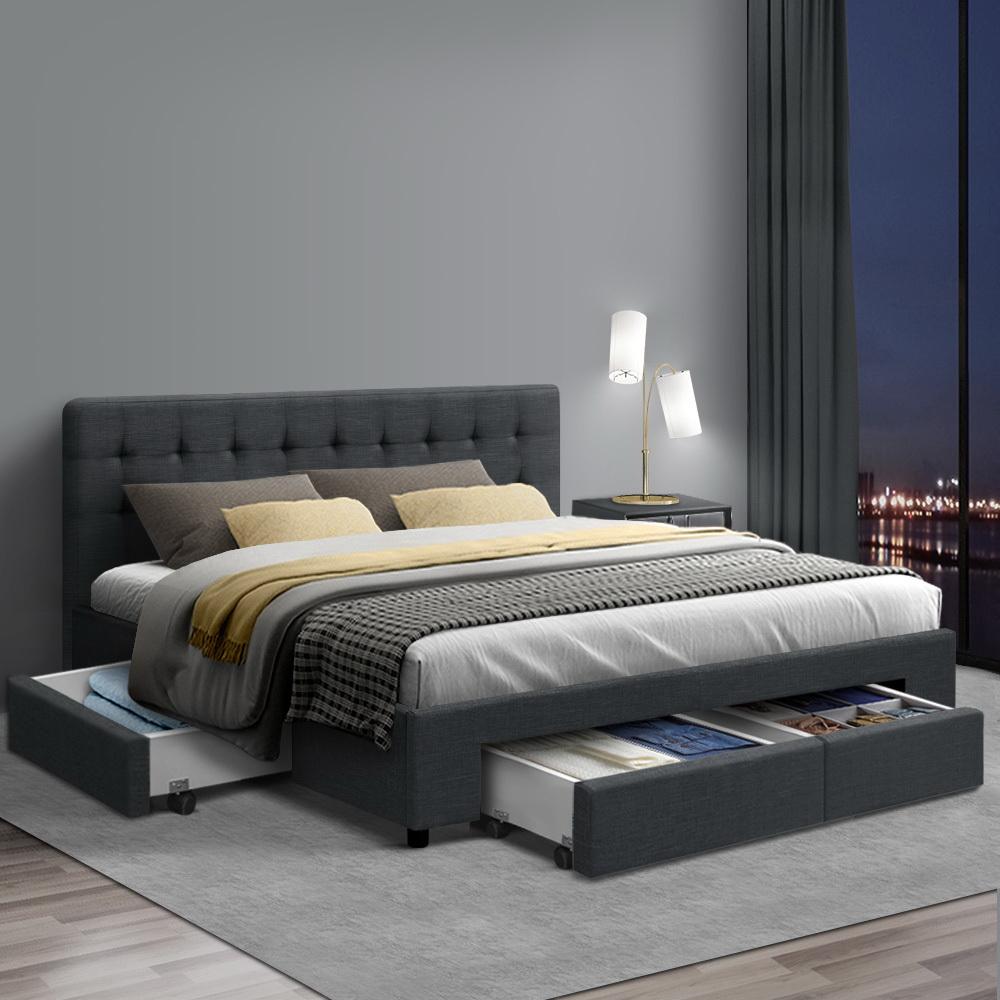 Premium Double Bed Set: Trinity Charcoal Bed Frame, Luna Series Euro Top Medium Firm Mattress & Bamboo Mattress Topper - Perfect for Master Bedrooms, Guest Rooms & Luxury Apartments
