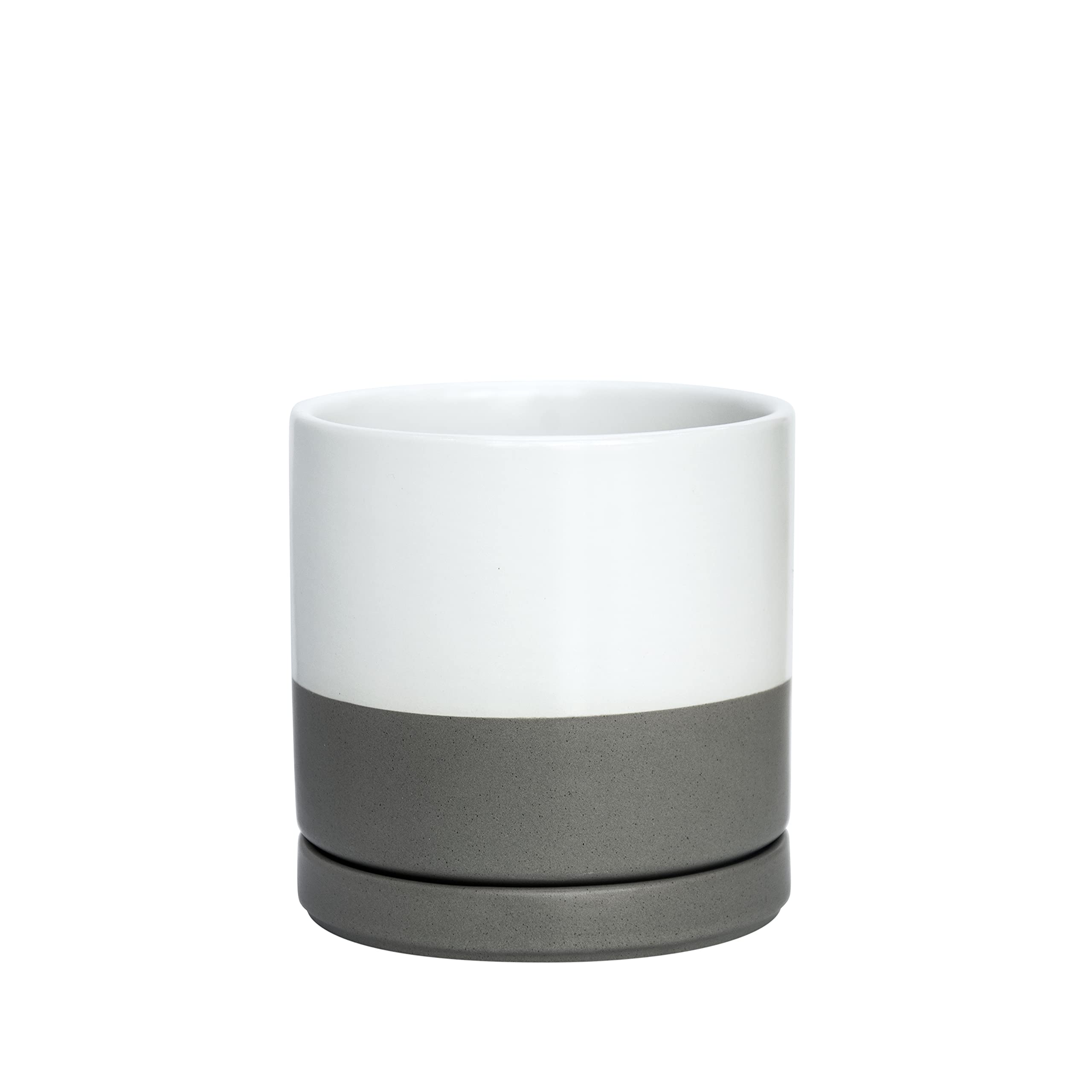D'vine Dev 6 Inch Ceramic Flower Pot with Drainage Hole & Saucer - Indoor/Outdoor Round Planter for Succulents, Herbs & Small Plants - White & Speckled Grey (94-O-C-6) - Perfect for Home Decor, Office Desk & Garden Planting