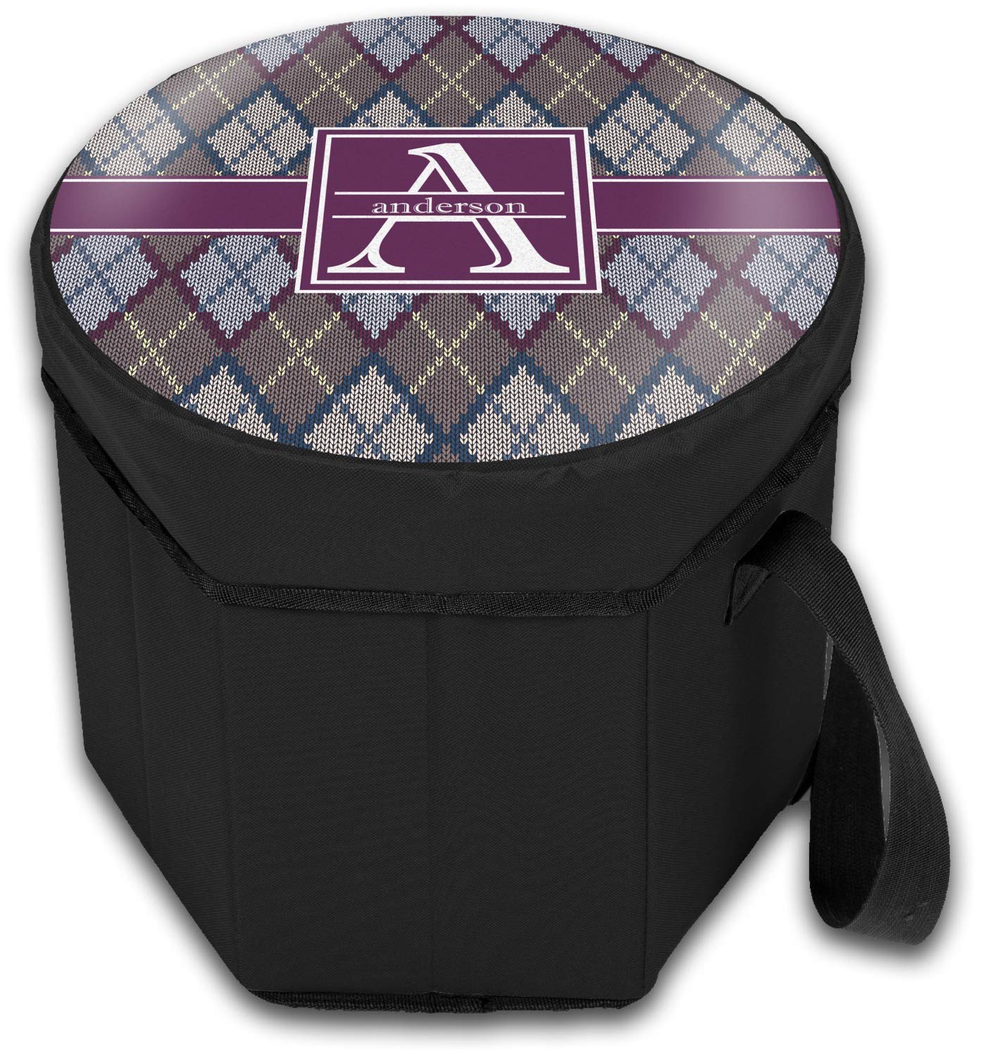 Custom Personalized Knit Argyle Collapsible Cooler with Seat - Portable Picnic, Beach, Tailgating & Camping Accessories for Outdoor Adventures