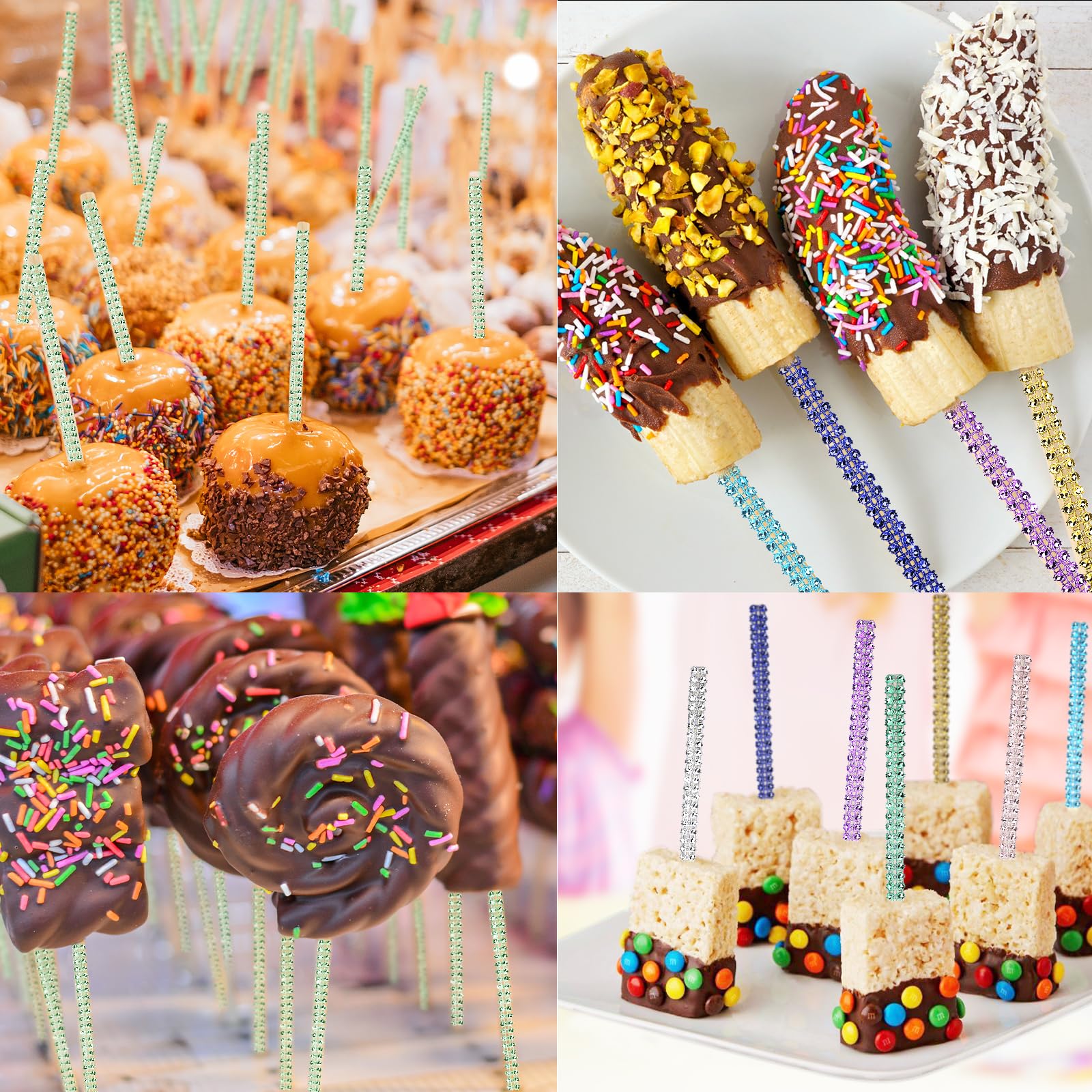 32 PCS Bling Candy Apple Bamboo Sticks with Rhinestones - Caramel Apple Wooden Skewers for Fruit Treats, Dessert Table Decor - Perfect for Tea Party, Birthday, Wedding & Christmas (Green)