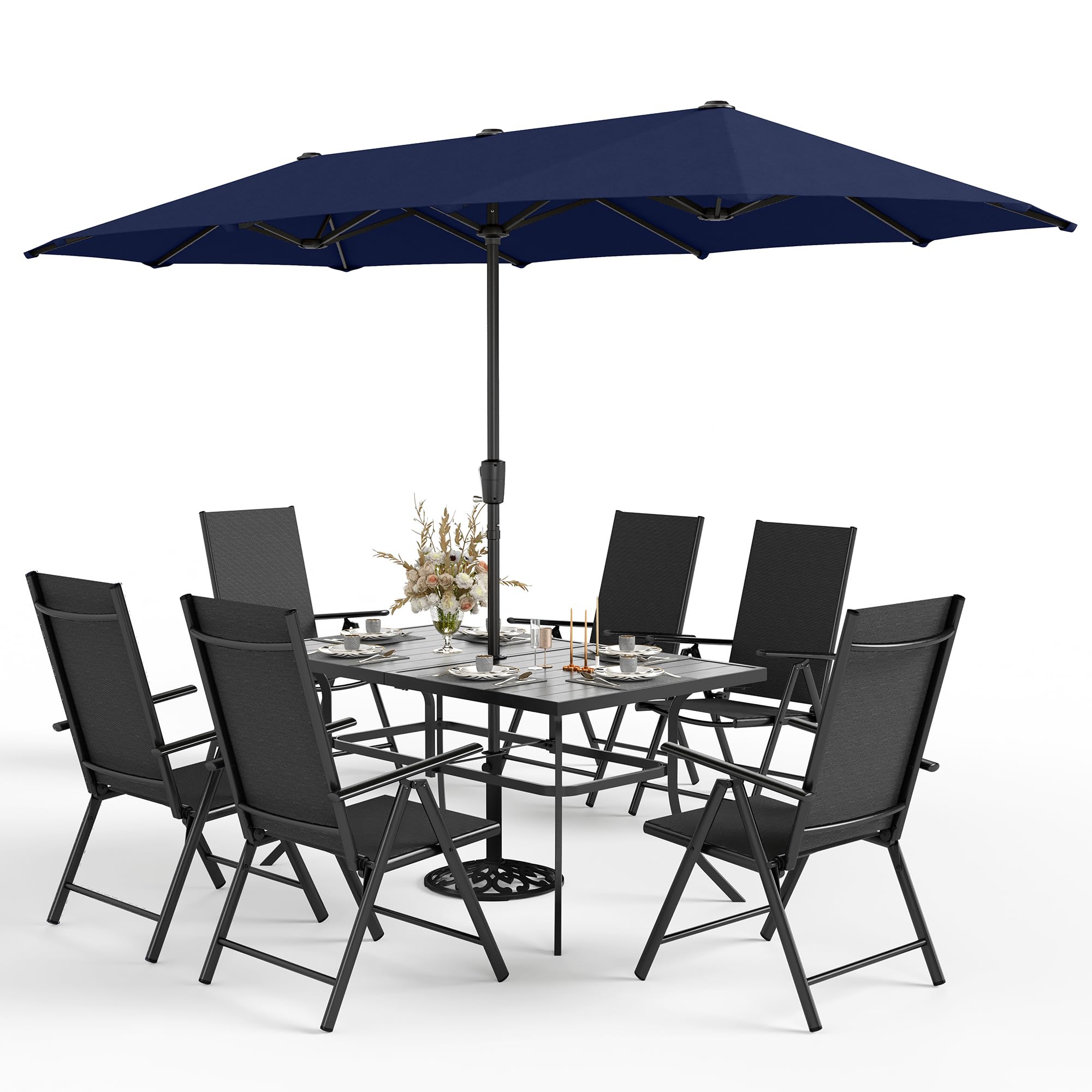 Sophia & William 7-Piece Outdoor Dining Set with 13ft Navy Blue Umbrella - 6 Folding Chairs, Rectangular Metal Table & Sling Chairs in Black - Perfect for Backyard, Garden, and Poolside Entertaining