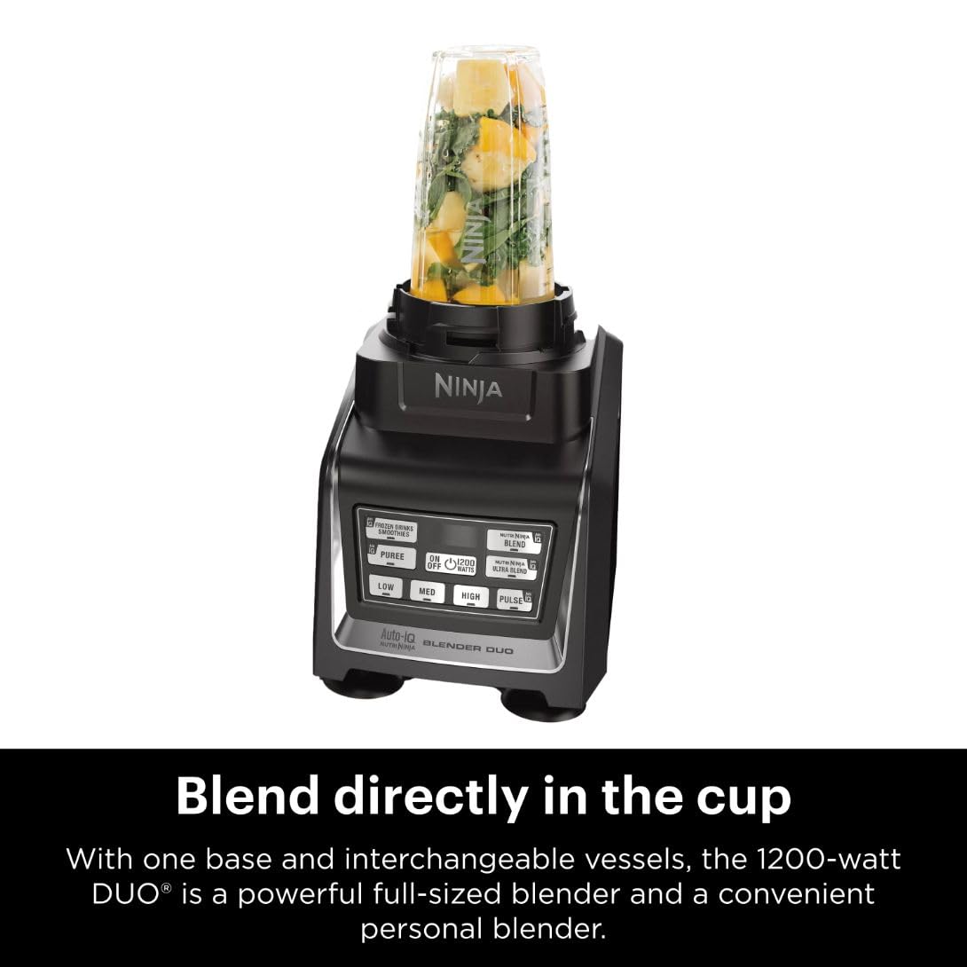 Ninja BL642 Nutri Ninja 1200W Auto-iQ Blender with 72oz Pitcher & To-Go Cups (18/24/32oz) - Perfect for Smoothies, Protein Shakes, Meal Prep & Frozen Drinks - Dishwasher Safe Countertop Blender for Home, Gym & Office Use - Black