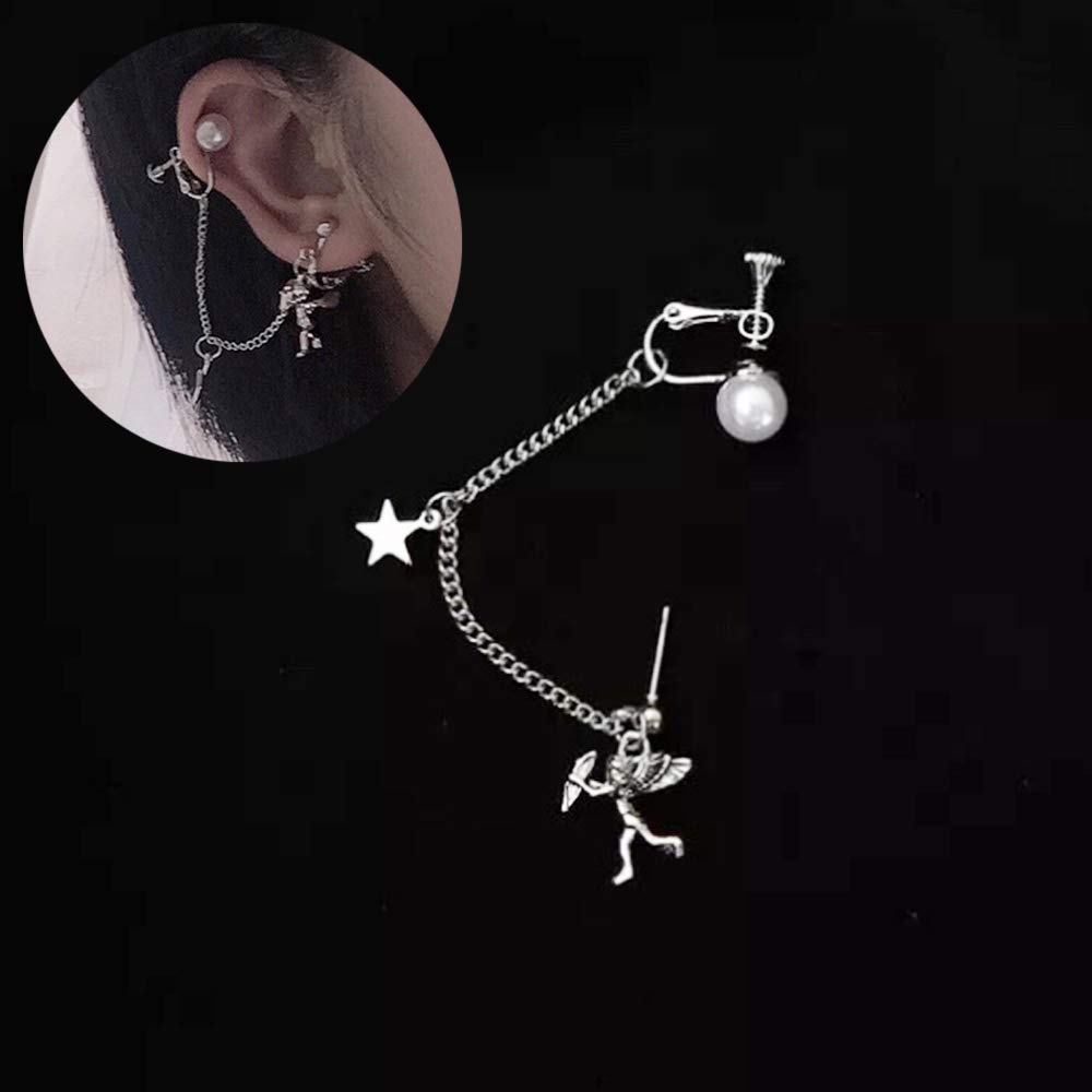 Angel Cupid Pearl Clip-On Earrings for Women - Dangle Chain Star Adjustable Cartilage Earrings - Aesthetic Anime Jewelry Gift for Her | Perfect for Parties, Cosplay & Everyday Wear