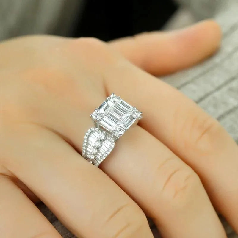 18K White Gold Real Natural Diamond Ring 4.0ct Square Luxury Jewelry for Women - Elegant Party, Wedding, Anniversary & Special Occasion Gift