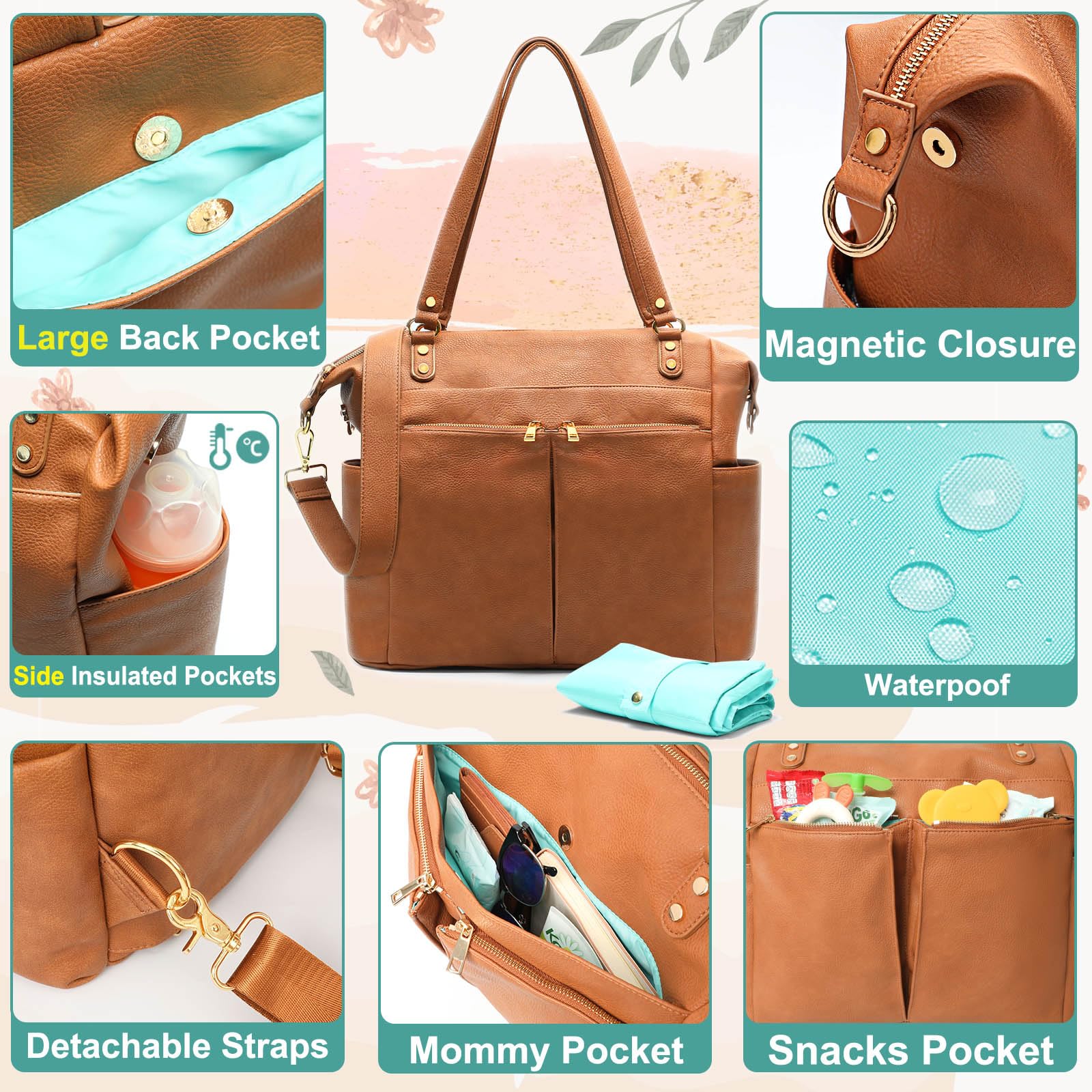 MOMINSIDE Leather Diaper Bag Backpack - Large Waterproof Baby Tote with Insulated Cup Holders & Stroller Organizer for Moms & Dads - Perfect for Travel, Daycare & Family Outings (Brown)